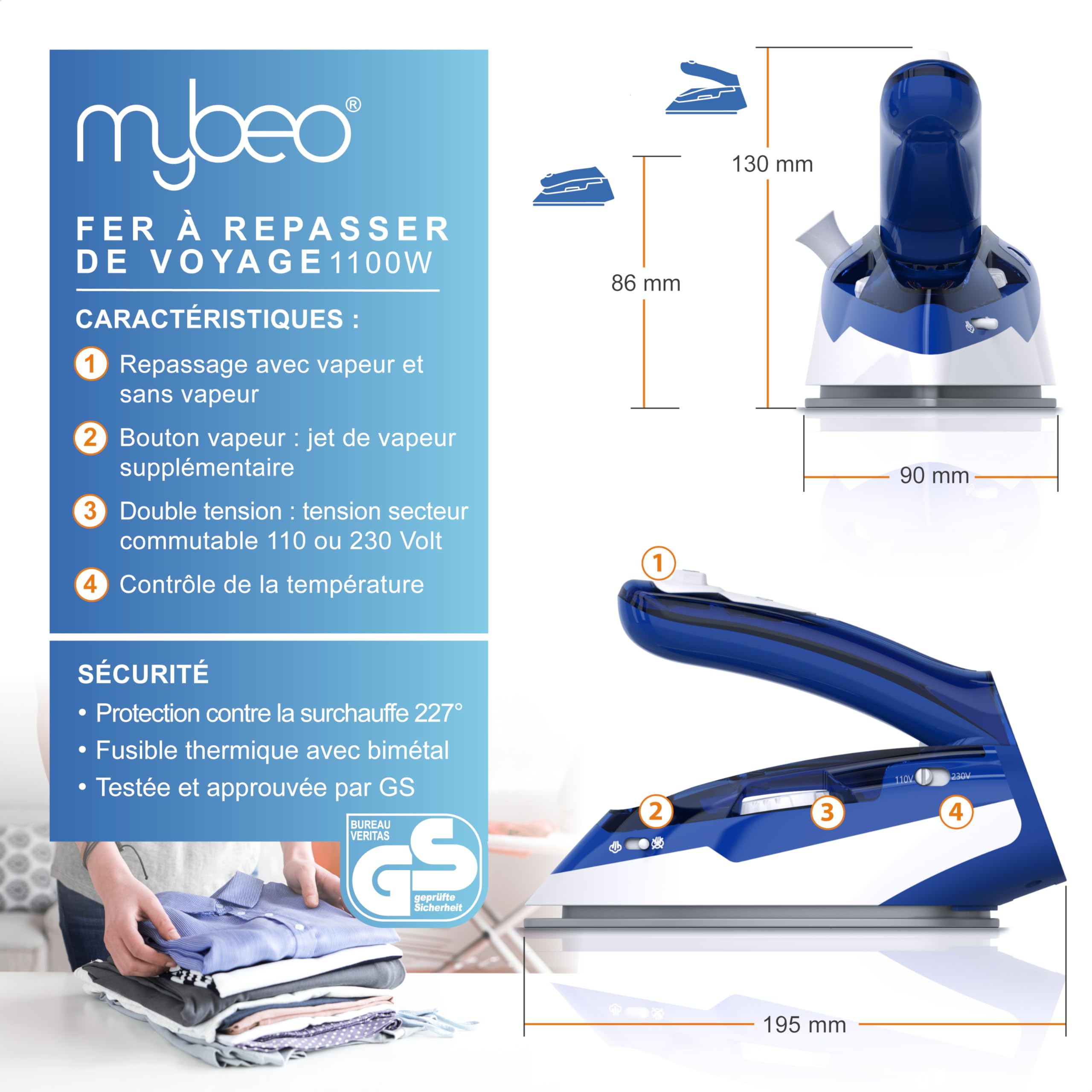 Fer à Vapeur de Voyage Ftory - Fer à Vapeur Portable Compact et Pliable avec Poignée Pliante Ergonomique et Semelle Antiadhésive pour Utilisation à la Maison et en Voyage, 700W(EU