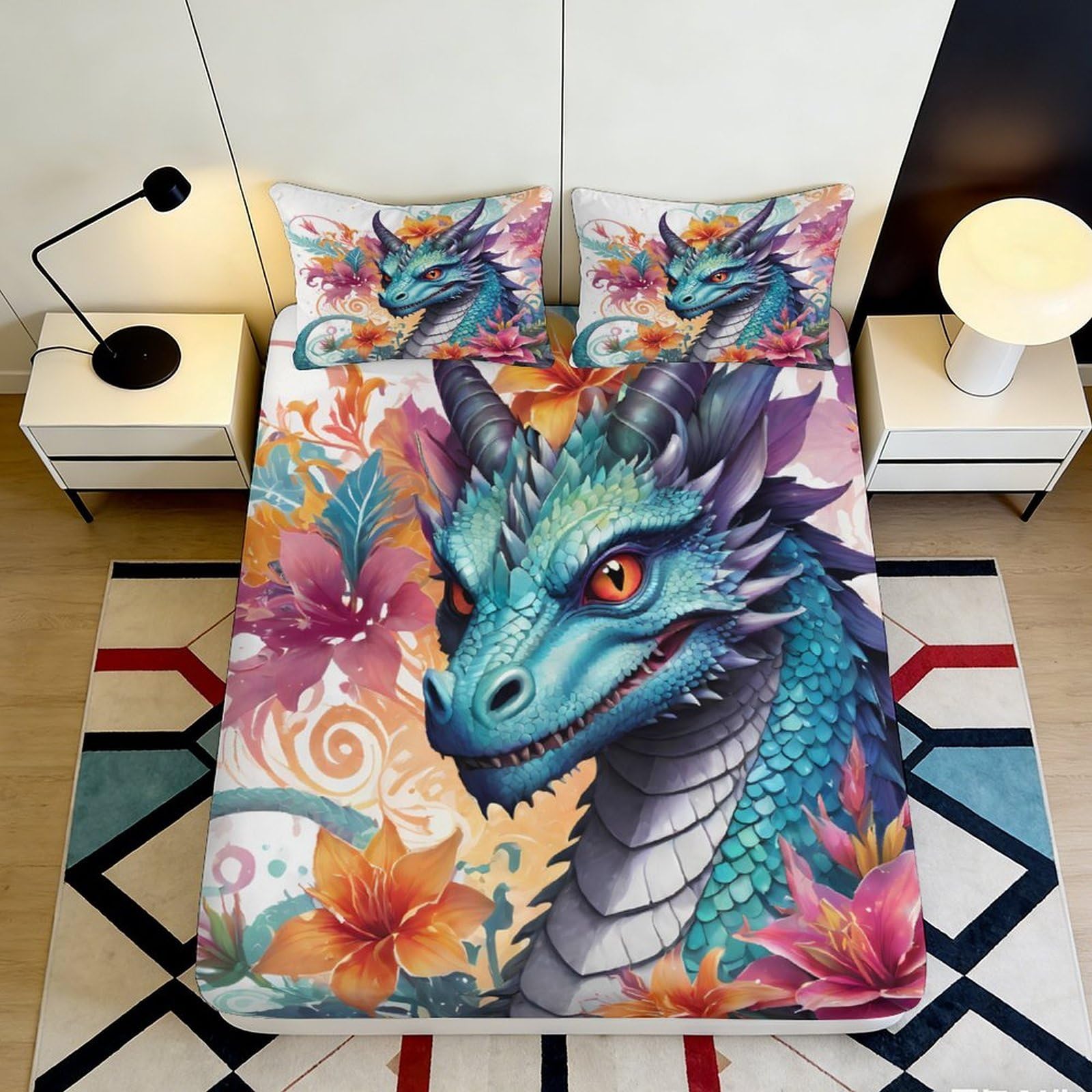 3D Printed Blue Dragon Floral Fitted Sheet Microfiber Soft Non Slip Mattress Cover for Bedroom Guestroom Decor 90x200x25cm