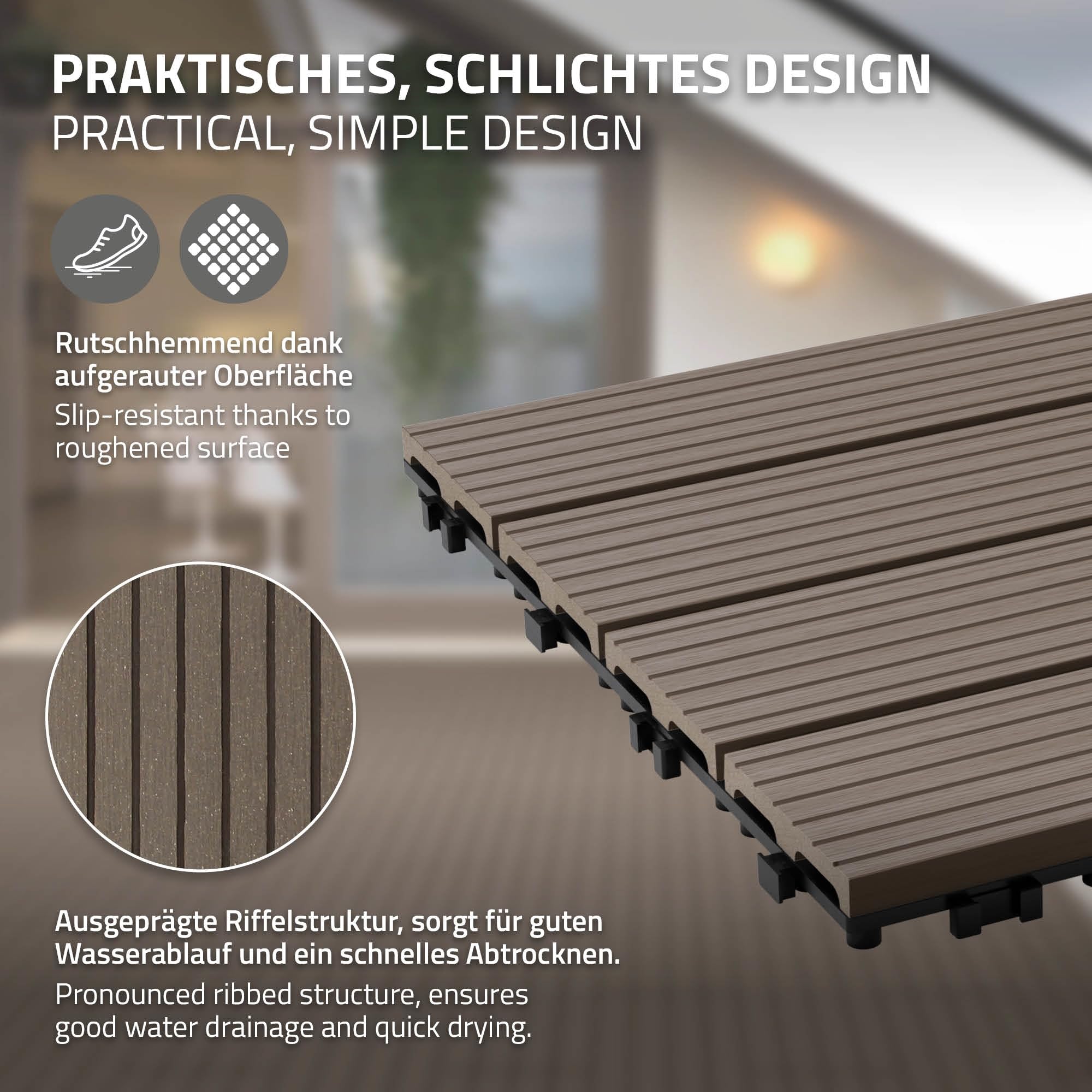 ECD Germany WPC Terrassenfliesen 60x30 cm/6 Stück=1m² Dunkelbraun, geriffelt, Holzoptik, Bodenbelag mit Klicksystem und Drainage, Terrassendielen Balkonfliesen, Klickfliesen für Terrasse Garten Balkon