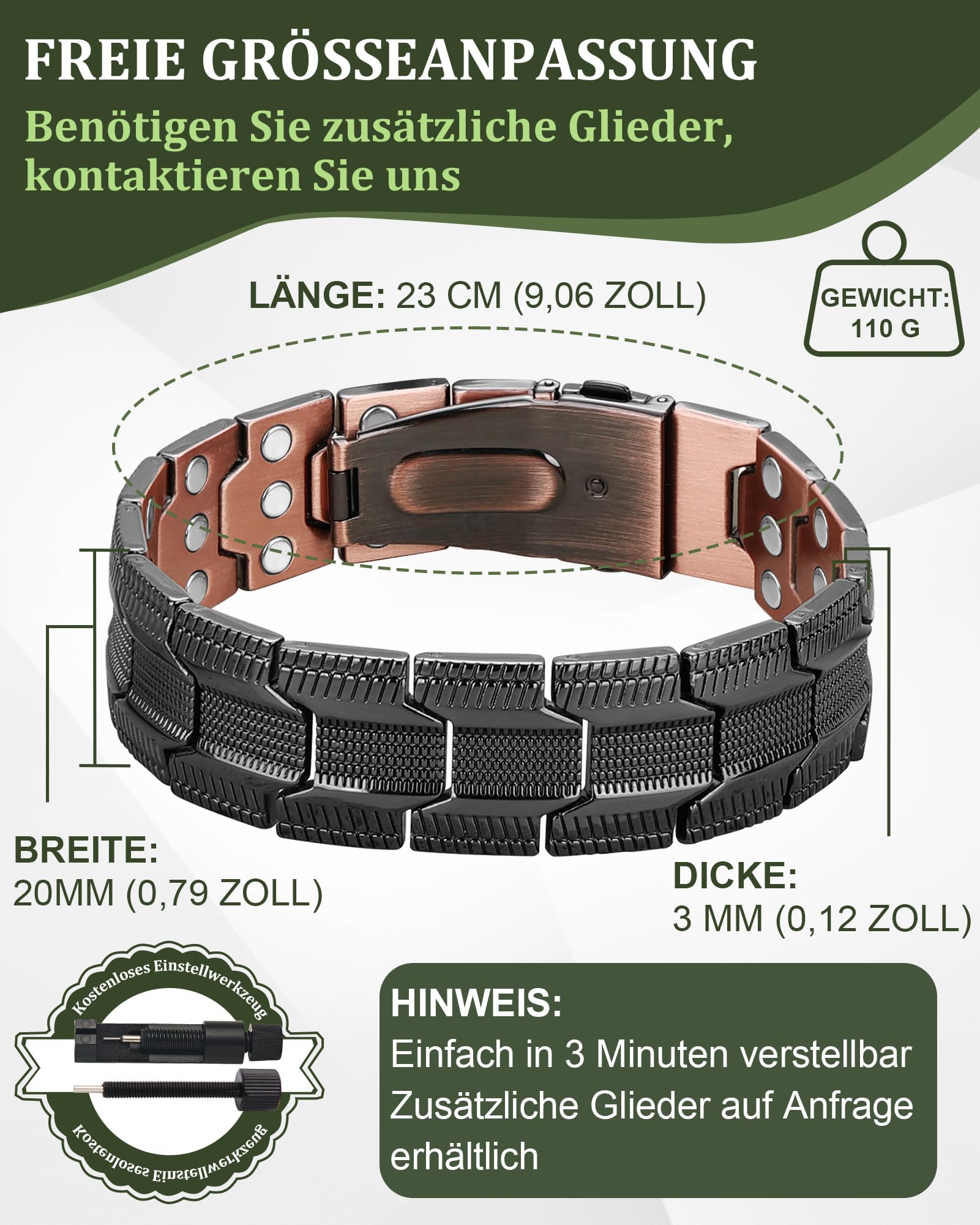 BioMag Bracelet magnétique pour homme en cuivre pur 99,99 % - Bracelet de thérapie magnétique avec outil de réglage de la taille gratuit pour une longueur de poignet individuelle