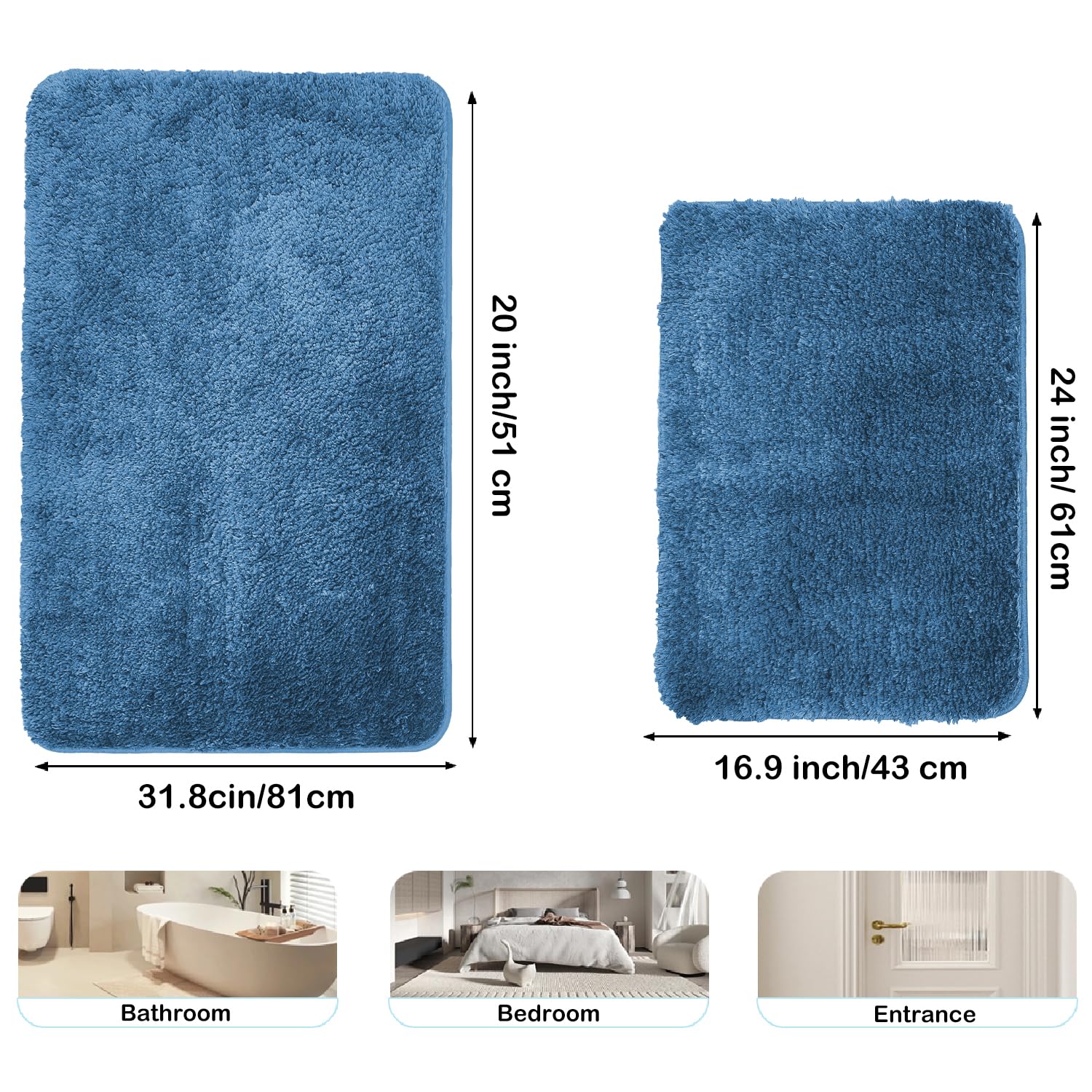 RUN HELIX Bathroom Mat 40x60cm, 0.8inch Fluffy Long Hair Non-slip Super-Absorbent Machine Microfibre Washable Bath Rugs for Bathroom Bathtub Floor, Blue - Image 2