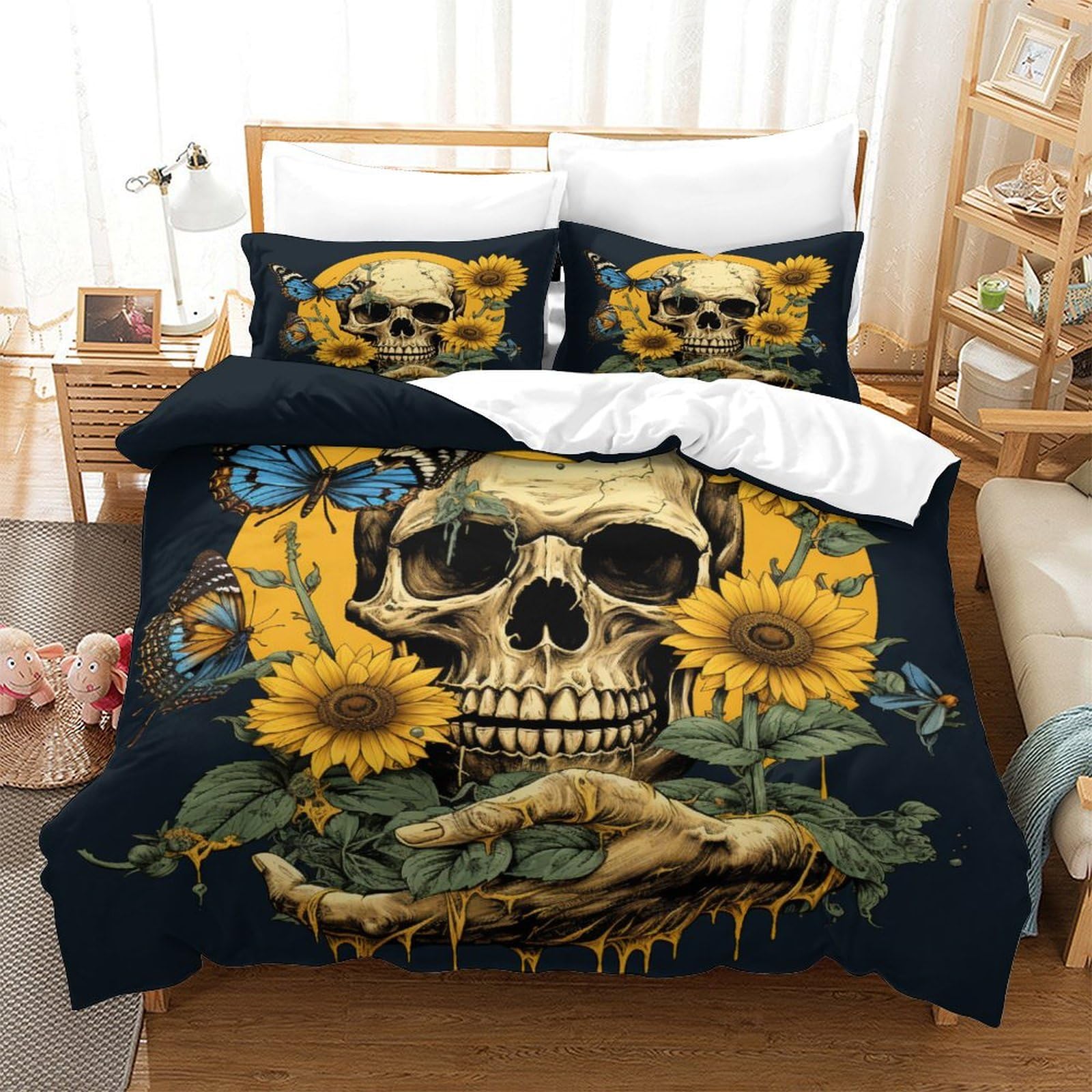 P1S9U7W5Y Vintage Sunflower Skull 3D Printed Duvet Cover Set 3pcs Microfiber Gothic Skull Bedding Set Double