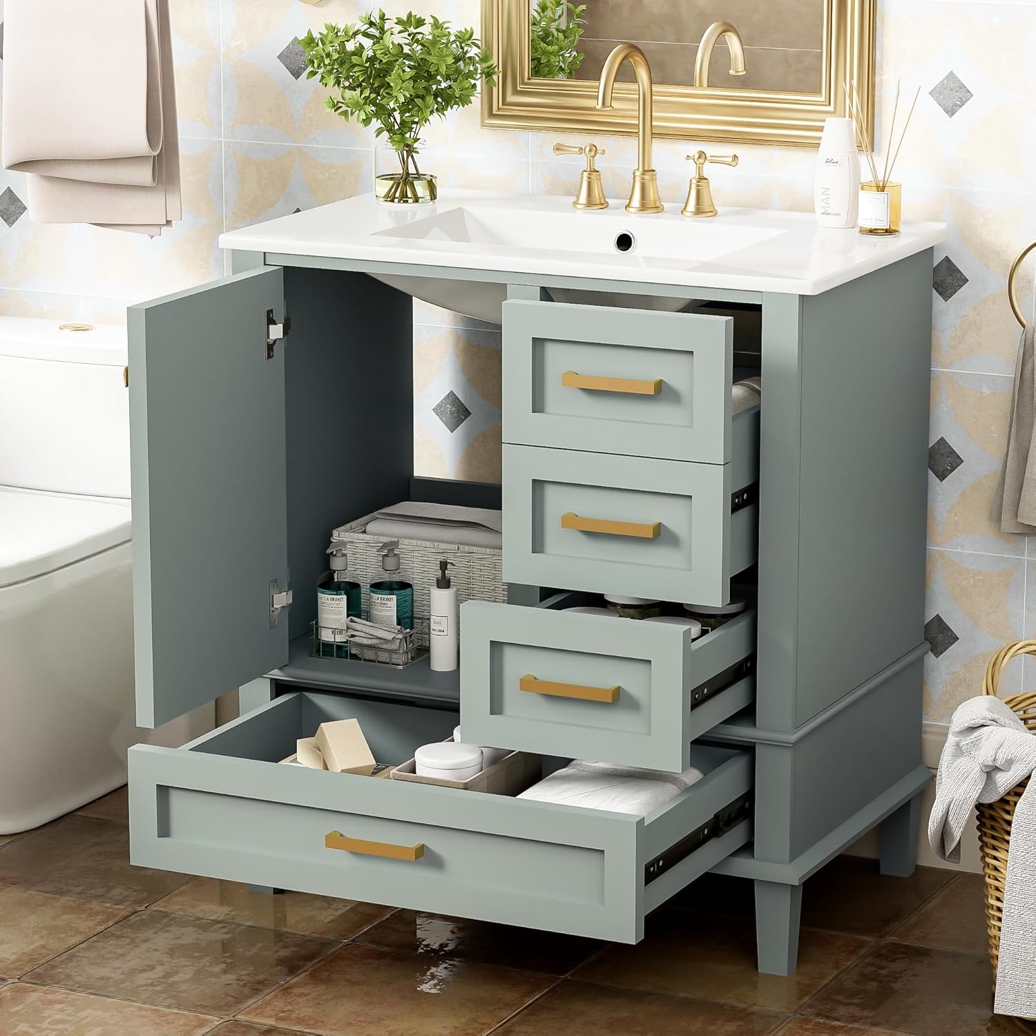 Bathroom Vanity 30 inch with Sink, Solid Wood Bathroom Vanity with Sink Combo Set, Soft Closing Door and 3 Drawers, Sage Green