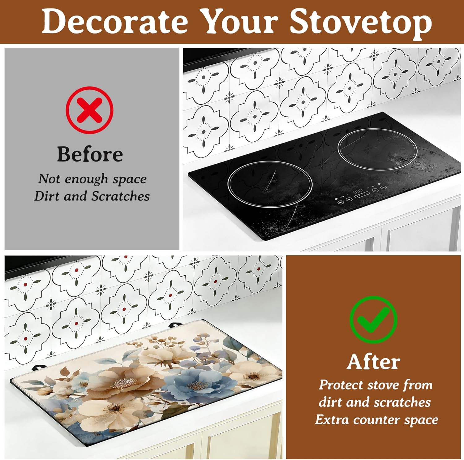 Electric Stove Top Protector Cover,Poppy Floral Thick Rubber Dish Drying Mat for Glass Stove Heat Resistant Kitchen Flat Electric Stove Top Covers 28.5×20.5in