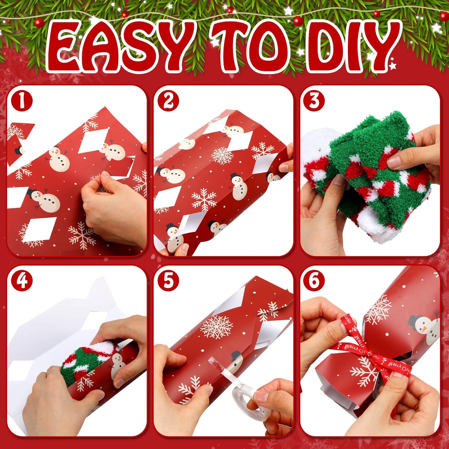 30 Pairs Fuzzy Christmas Socks with 30 Sheets Candy Wrappers and 1 Roll DIY Christmas Ribbon Xmas Gift Soft Candy Box Fluffy Cozy Novelty Holiday Socks for Women Men - Image 5