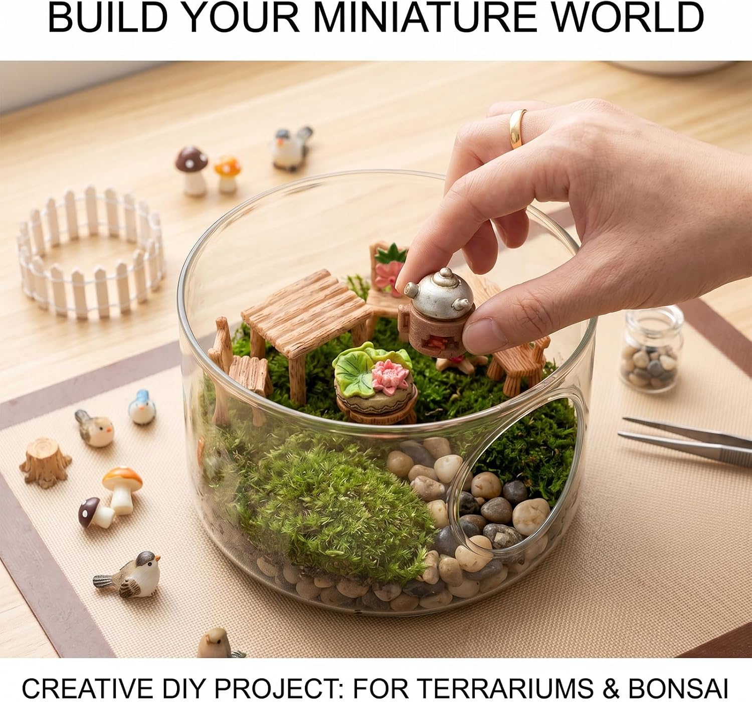 15 PCS Miniature Fairy Garden Furniture Ornaments Set,Vintage Micro Resin Table Chairs Tree Stump Bench Stove Lotus Pot Accessories Home Micro Landscape DIY Craft Decoration