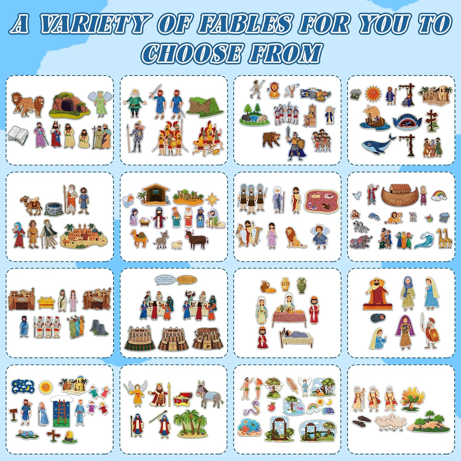 16 Pack Felt Board Story Sets Flannel Felt Story Board Pieces with a Multi Functional Pieces Storage Binder and 16 Pcs Pocket for Activities Time(Bible Stories)