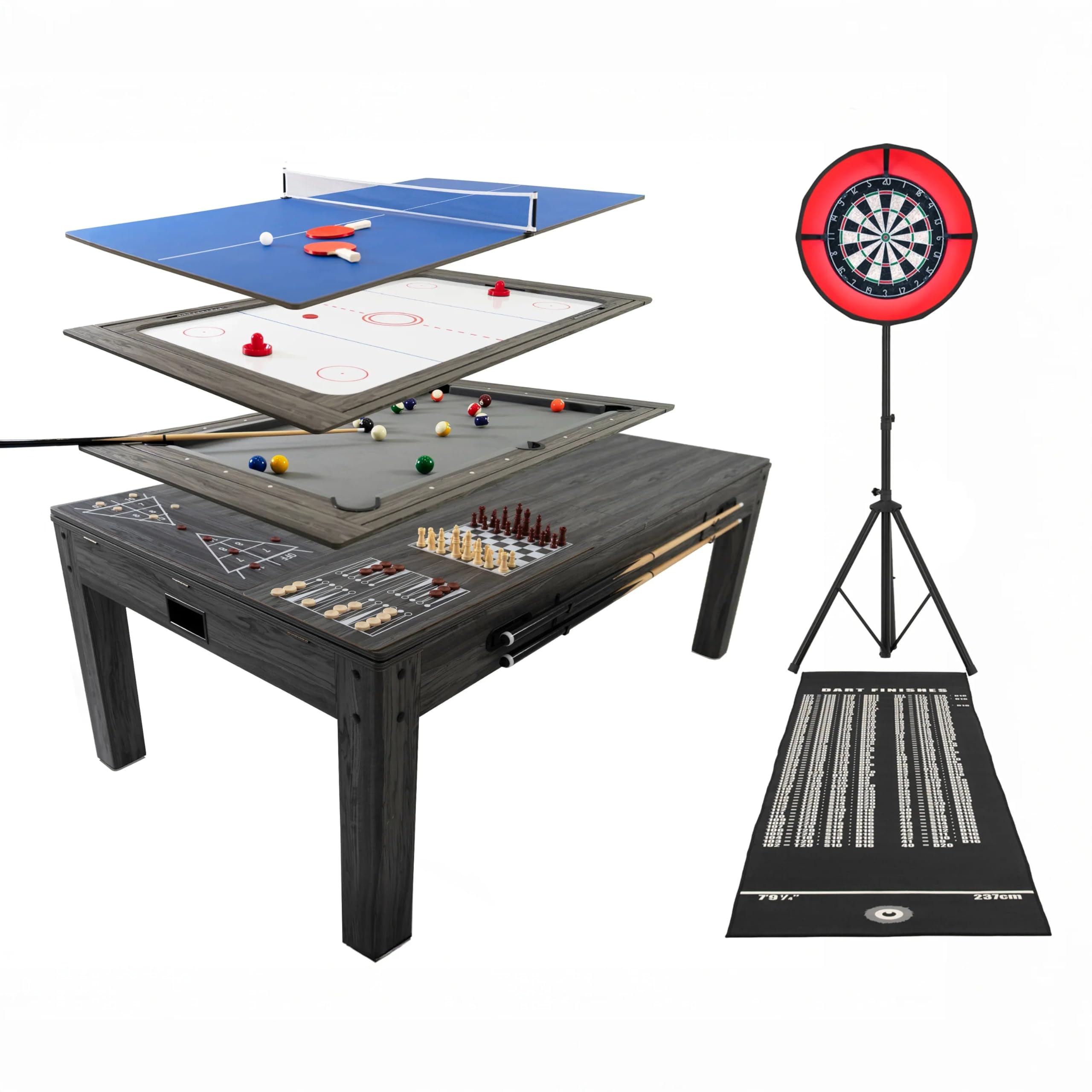 7 in 1 Spieltisch und Esstisch Billardtisch Tischtennis Airhockey Schach Backgammon Shuffleboard Partyunterhaltung Home Office Erwachsene Komplettes Spielset für die ganze Familie mit Zubehör
