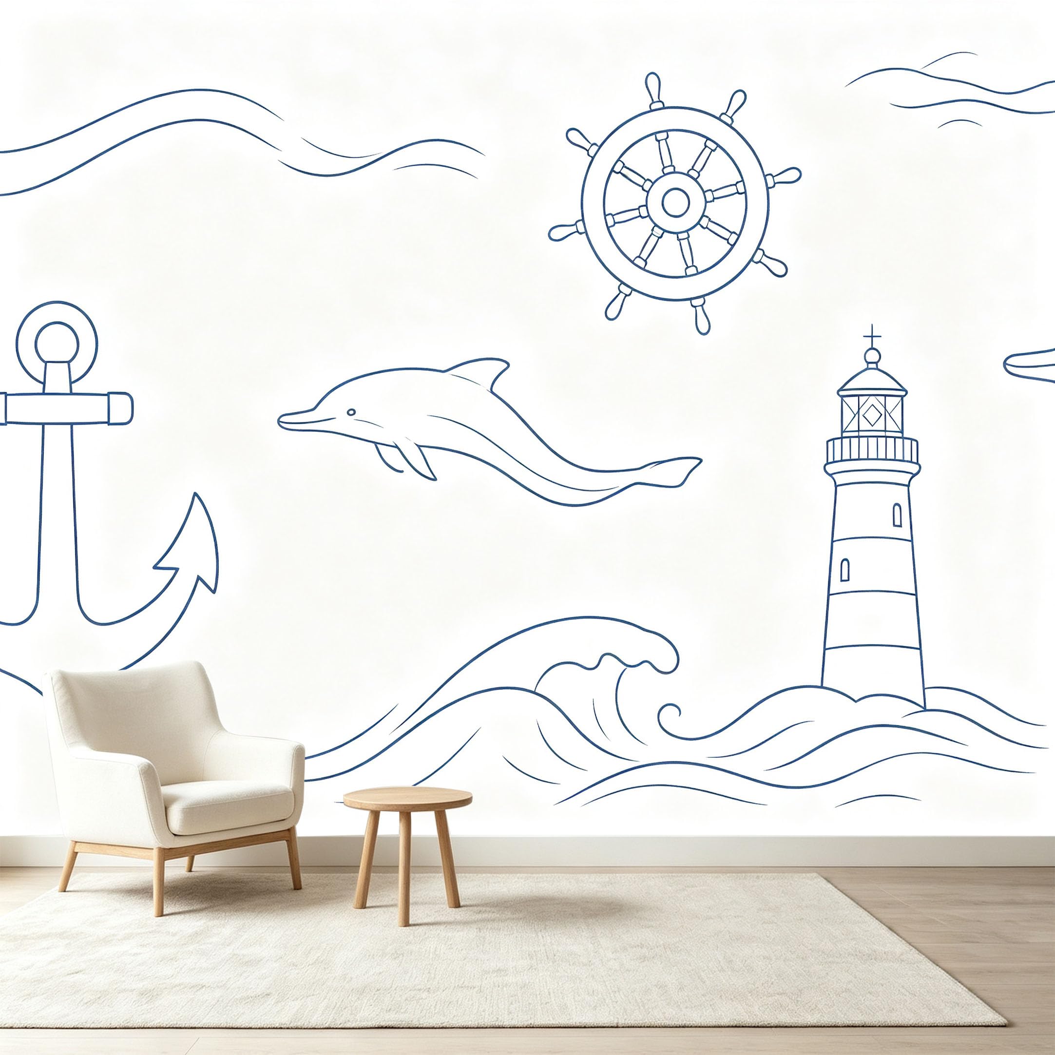 Custom Size Wall Murals Nautical Lighthouse Dolphin Anchor Helm Line Art Self-Adhesive Wall Fabric Removable Wallpaper Wall Decor for Living Room Bedroom Bathroom