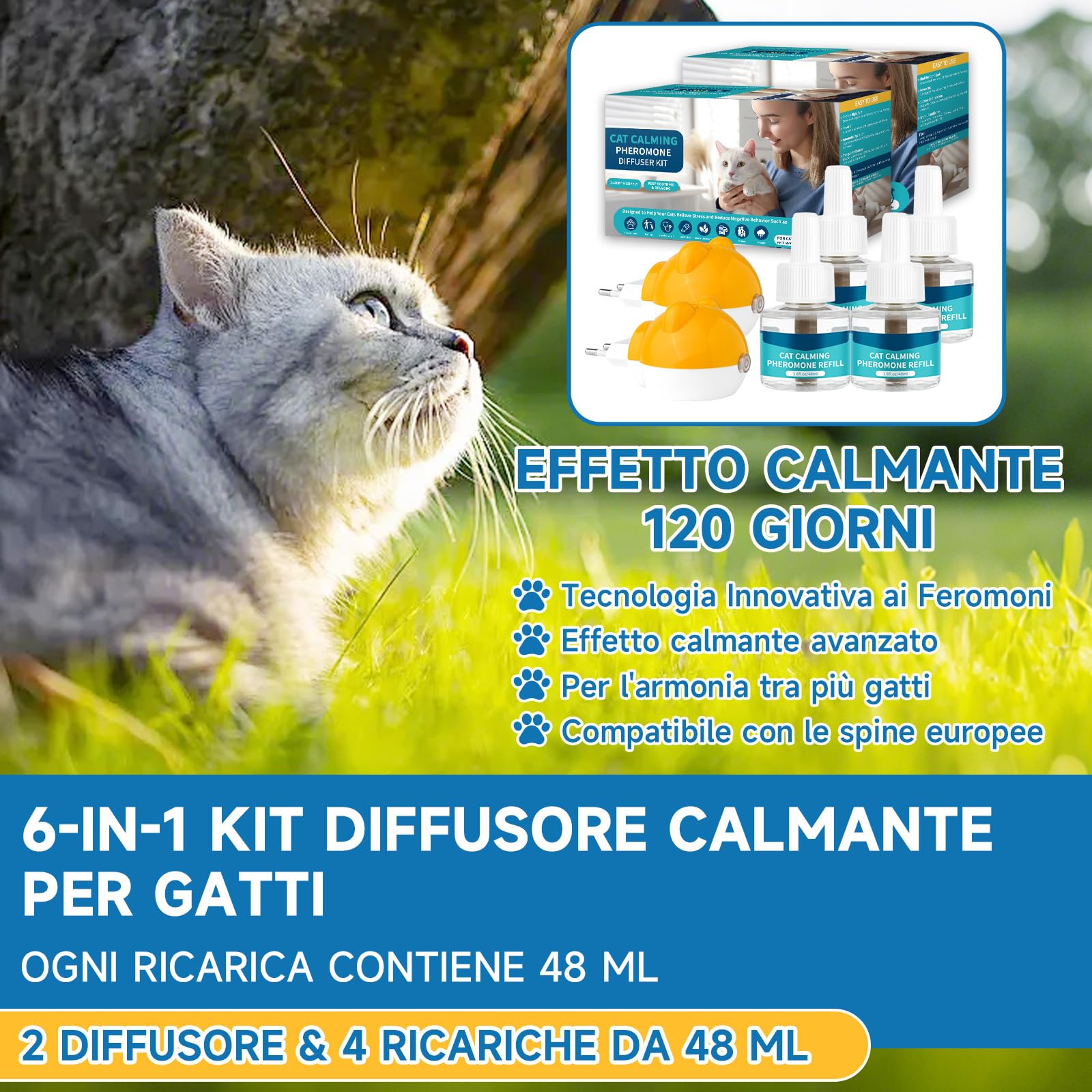 6 In 1 Diffusore Feromoni per Gatti, Compatibile con Tutti i Diffusori Comuni, Calmante per Gatti da 120 Giorni per Alleviare Stress, Rilassanti Ansia, Diffusore Calmante per Feromoni Gatto e Gattini
