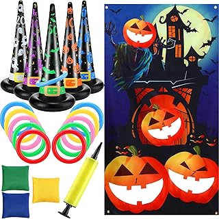 Halloween Toss Game Bean Bag with Ring Toss Game Set with Pumpkin Moon Banner Inflatable Witch Hats and Rings Throwing Games Home Decor Party Favors Supplies Indoor Outdoor Fun for Teens and Adults