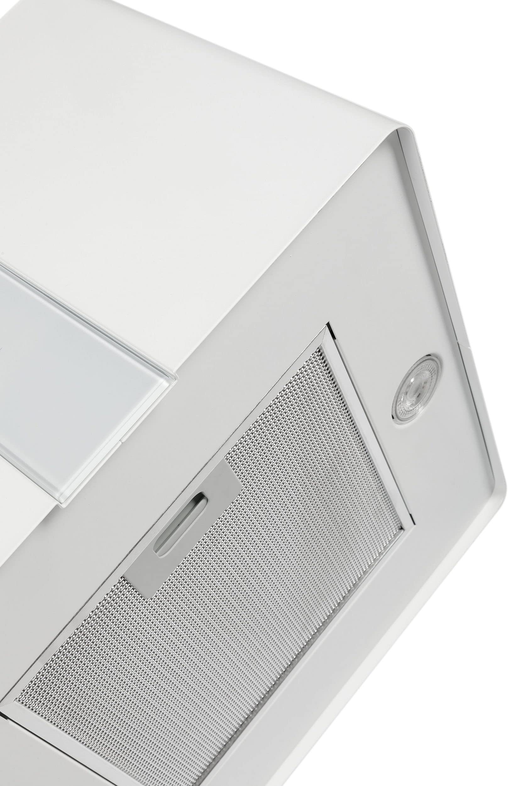 Cofano ad isola GURARI GCH I 331 45 WH PRIME, cofano ad isola a ricircolo 45 cm, cofano a soffitto, 1000m³/h, bianco, vetro bianco, 4 livelli, display, illuminazione LED