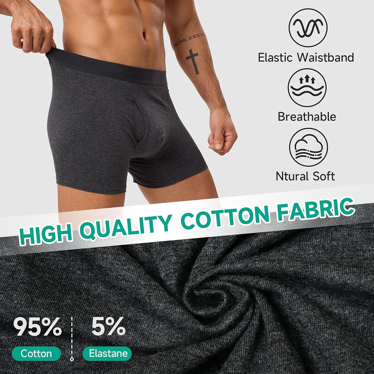 Men's Cotton Boxer Briefs 6 - Pack, Soft Moisture-Wicking Underwear with Pouch,Comfortable Athletic Trunks - Image 3