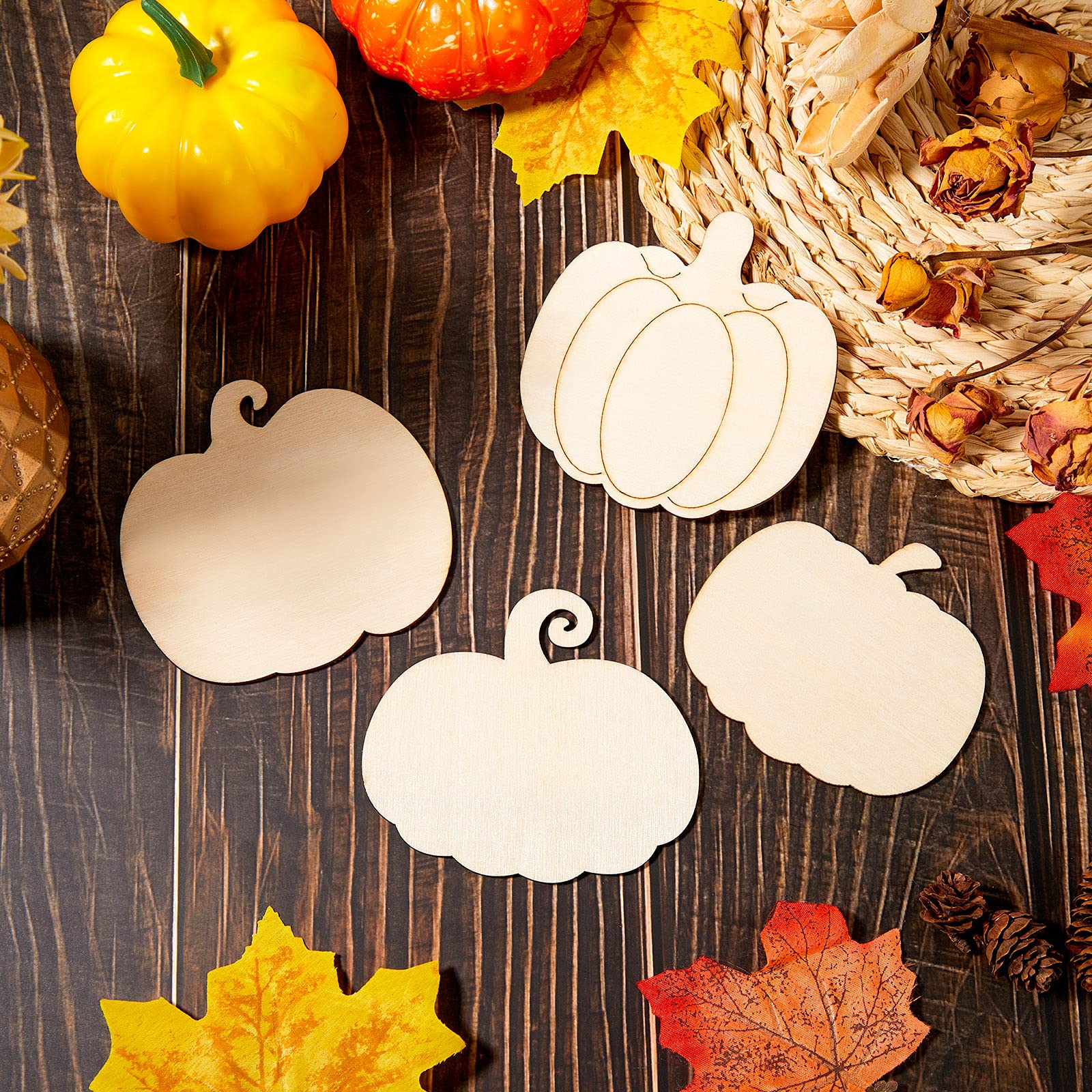 16 Pack Unfinished Wood Pumpkin Cutouts - DIY Wooden Ornaments For Fall, Thanksgiving & Christmas Crafting