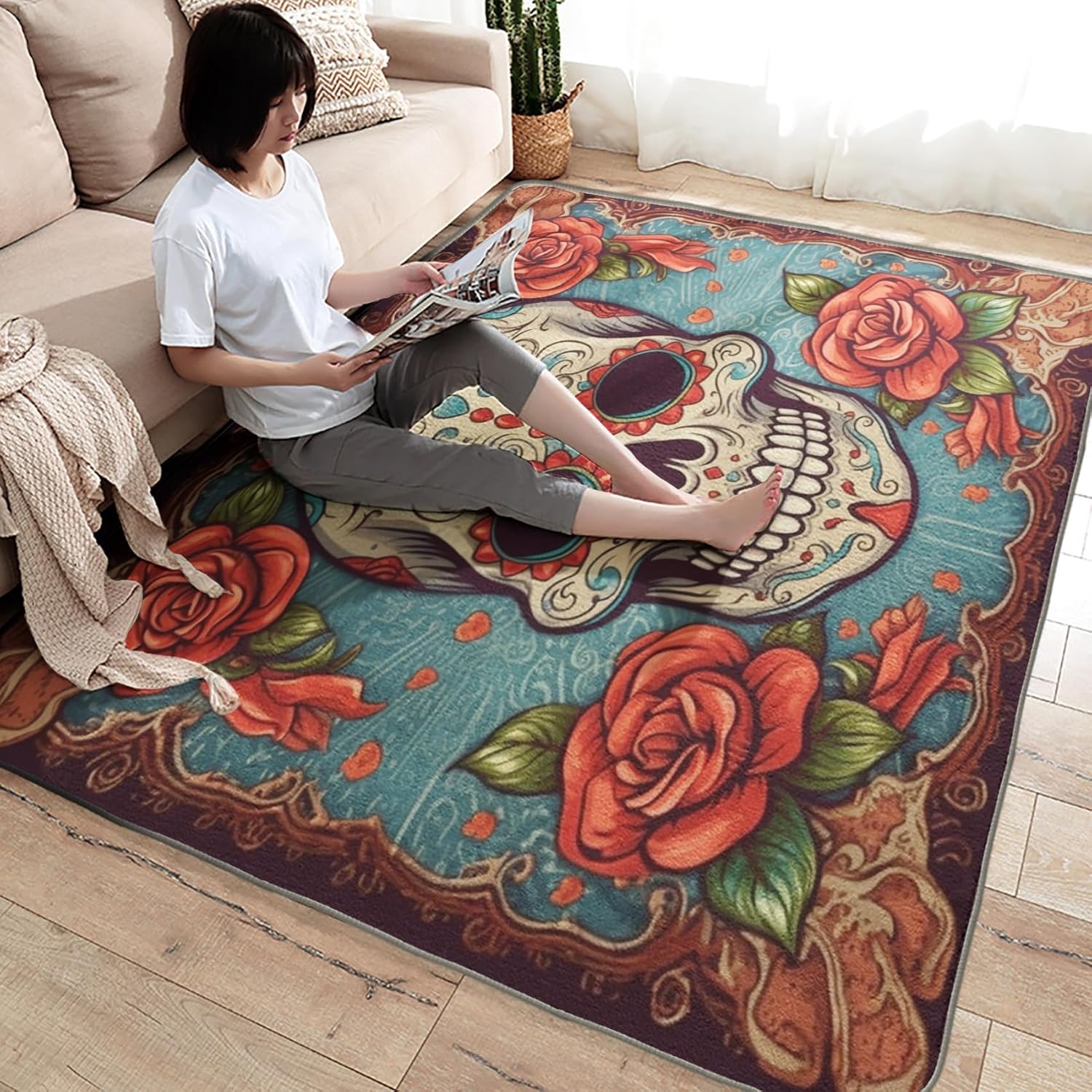 Sugar Skull Rug & Home Decor - 2x3 Rug, Mexican Day of The Dead Rugs for Entryway Living Room Bedroom, Día De Los Muertos Carpet, Washable Non Slip Soft Low Pile Indoor Door Mat & Room Decor