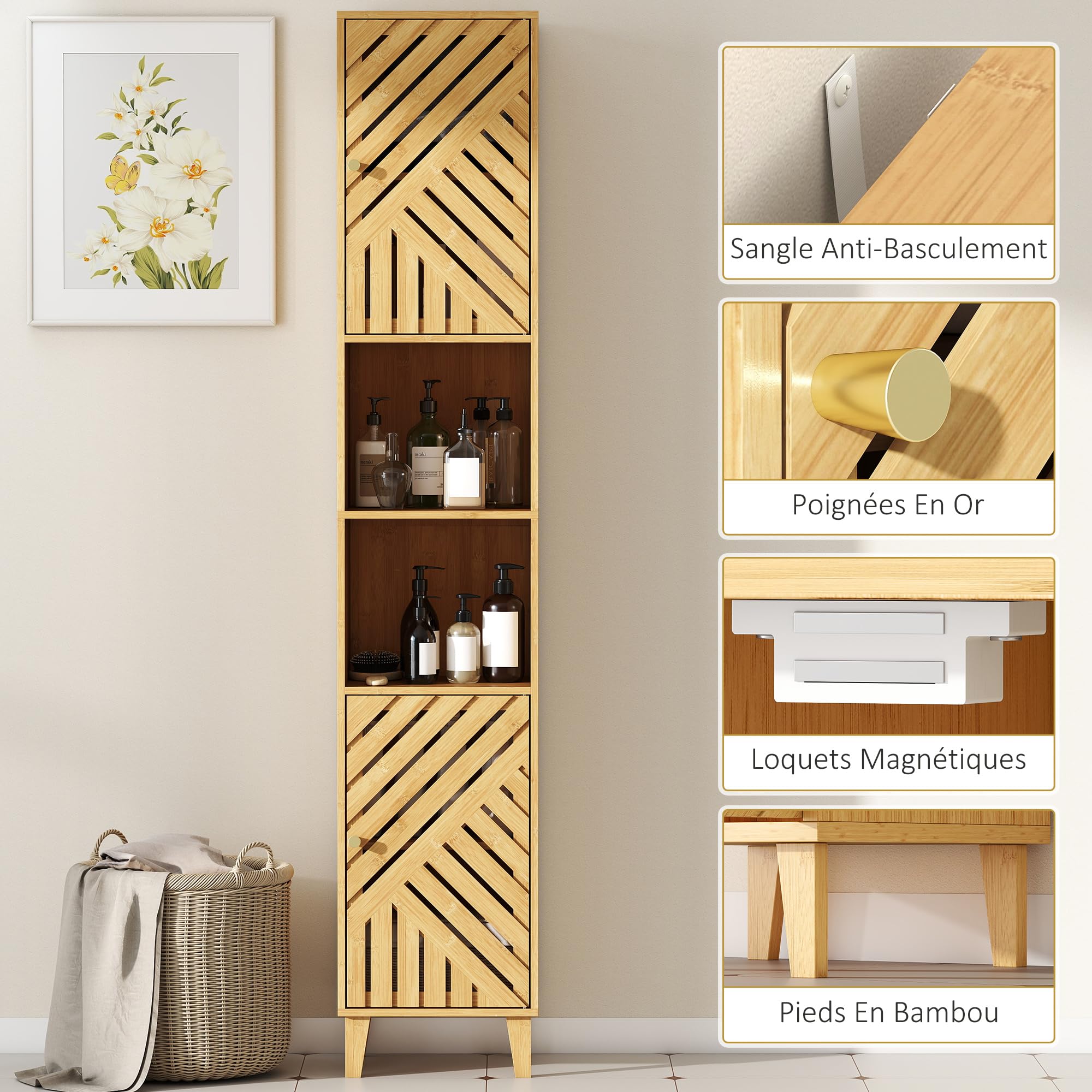HOMCOM Armoire Salle de Bain Haute 32x30x170cm Bois Naturel | Meuble Colonne de Rangement, Portes et Pieds en Bambou, Niches Ouvertes, Étagères Réglables, Meuble Étroit pour Toilette