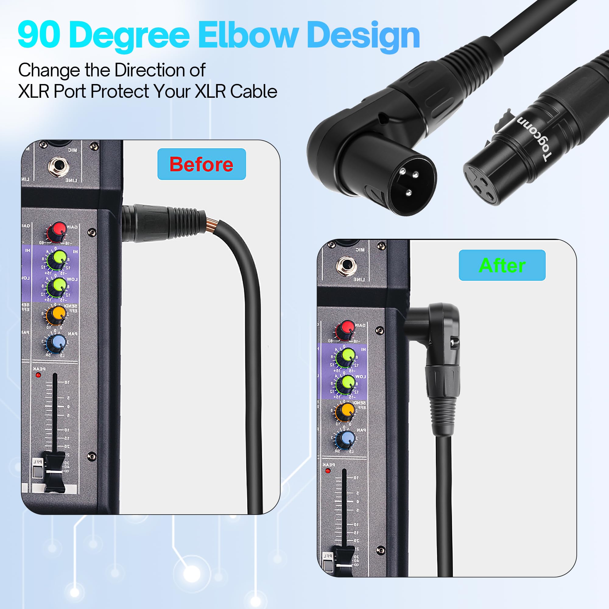 Paquete de 6 adaptadores de cable de extensión de micrófono XLR en ángulo recto de 0.6 pies, conector XLR macho a hembra recto de 3 pines para altavoz, estudio de grabación, mezclador de micrófono