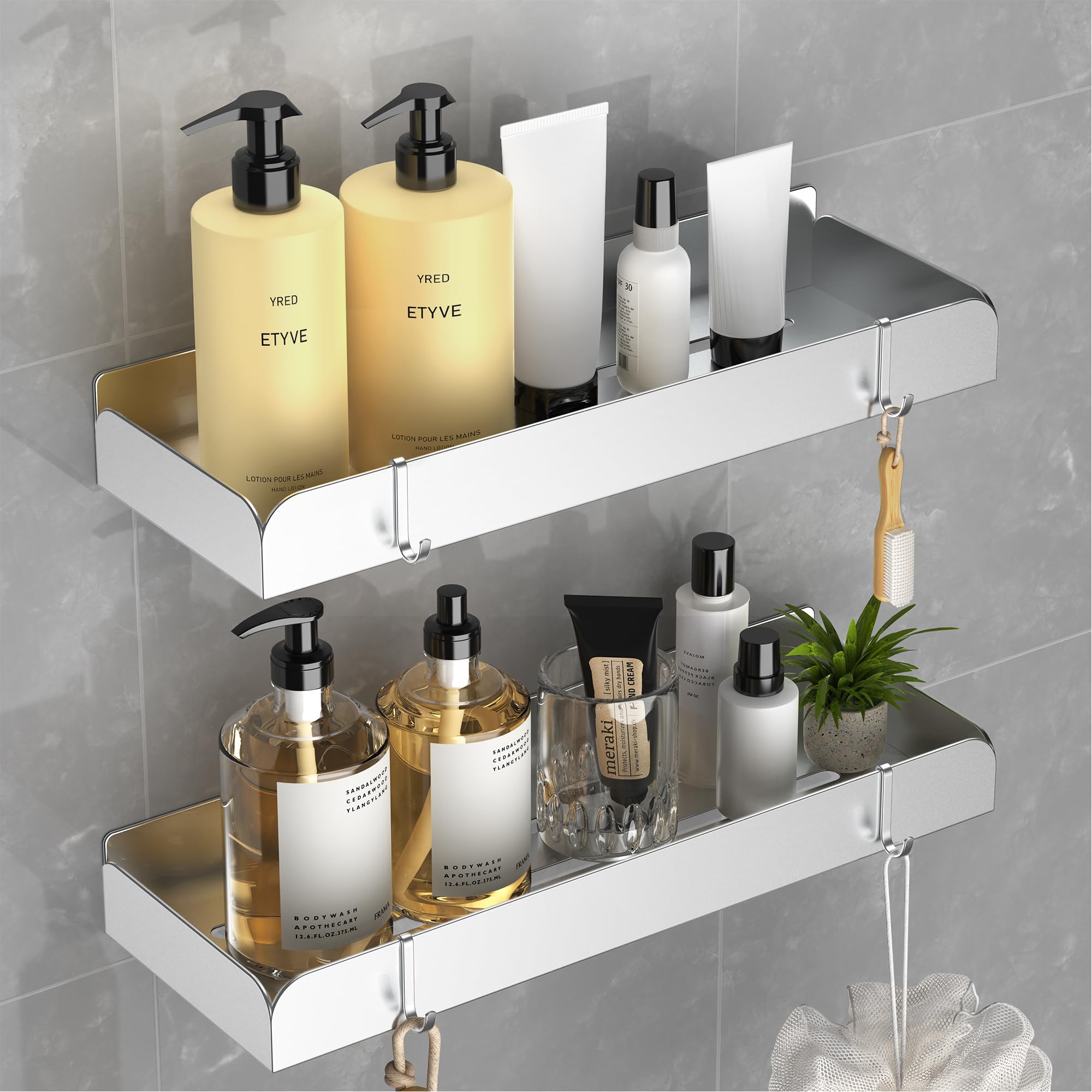 2 Étagères De Douche Sans Perçage - Acier Inoxydable SUS304 - Avec Crochets