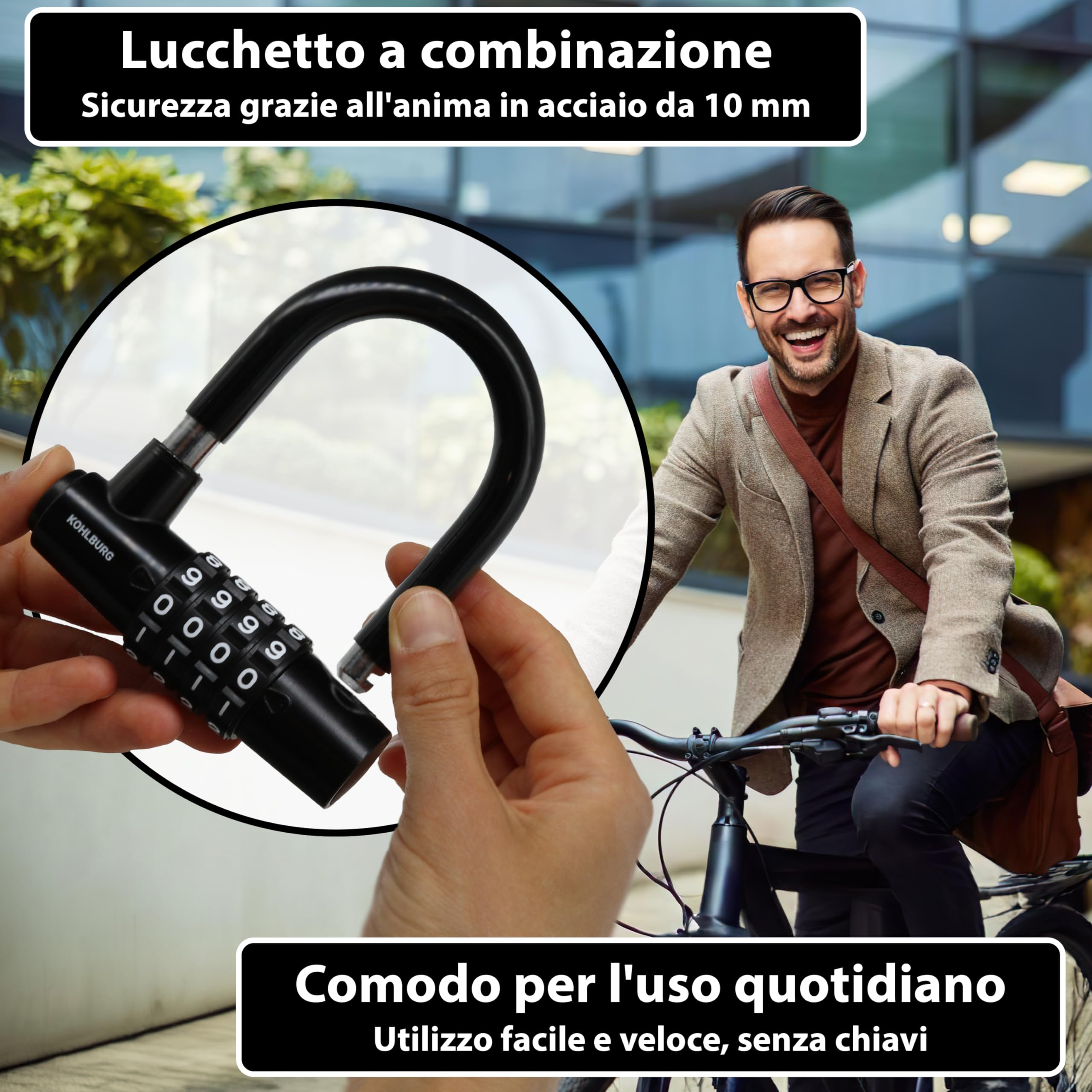KOHLBURG Lucchetto a cavo 5 m con combinazione numerica – Antifurto in acciaio rivestito per bici, mobili da giardino, moto e barca Antifurto a cavo 5 metri