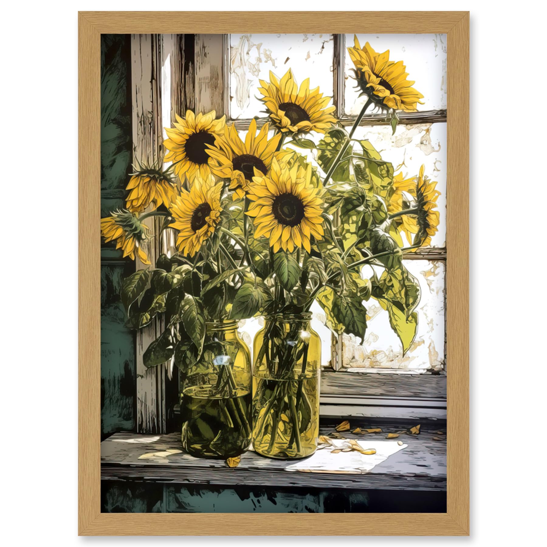 Artery8 Sunflowers Still Life Watercolour Painting Yellow Flowers Farmhouse Window Sill Artwork Framed Wall Art Print A4