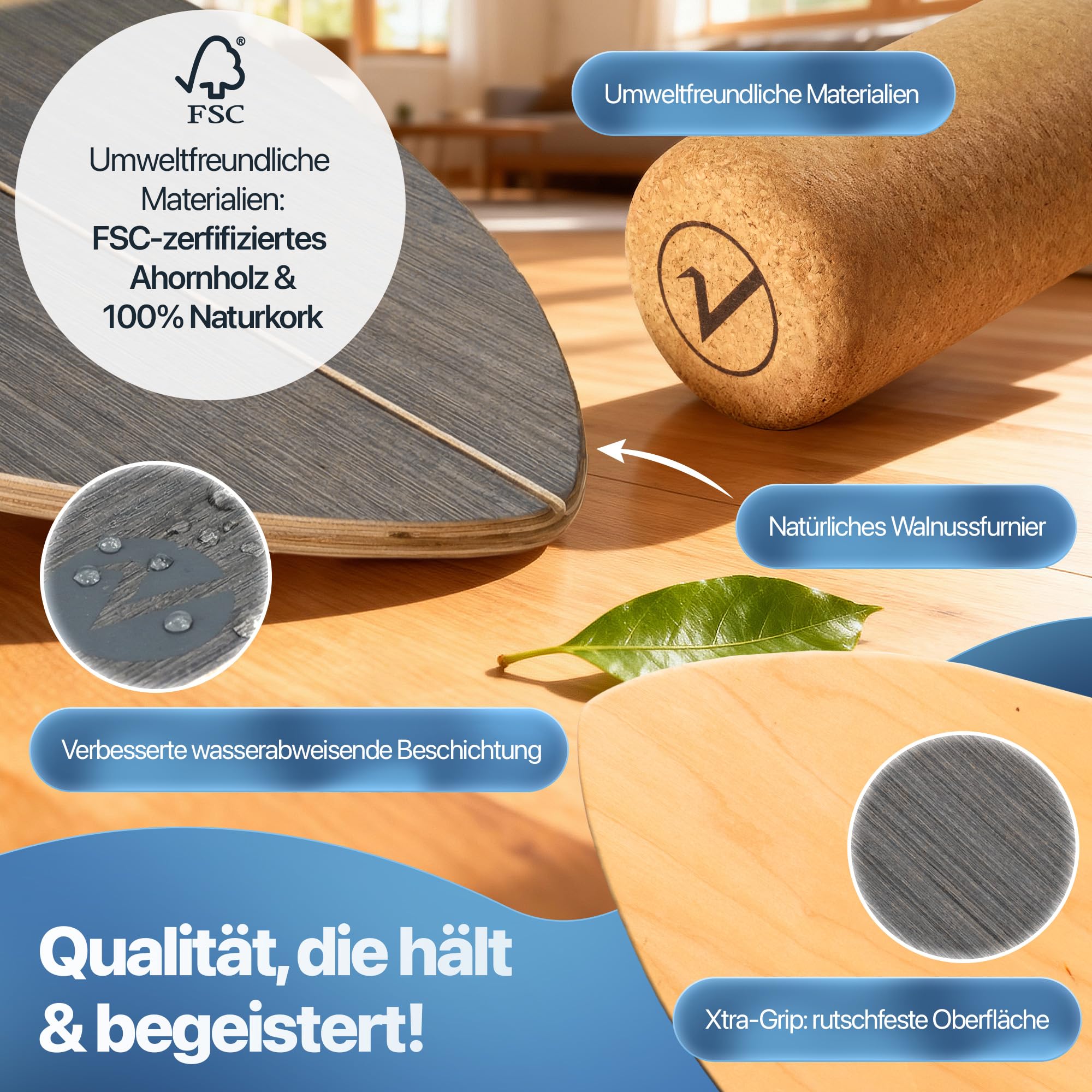 Balance Board aus Holz in – mit abgerundeten Ecken – inkl. Rolle für Neuromuscular Response Training +Plus: Halterung & Ball