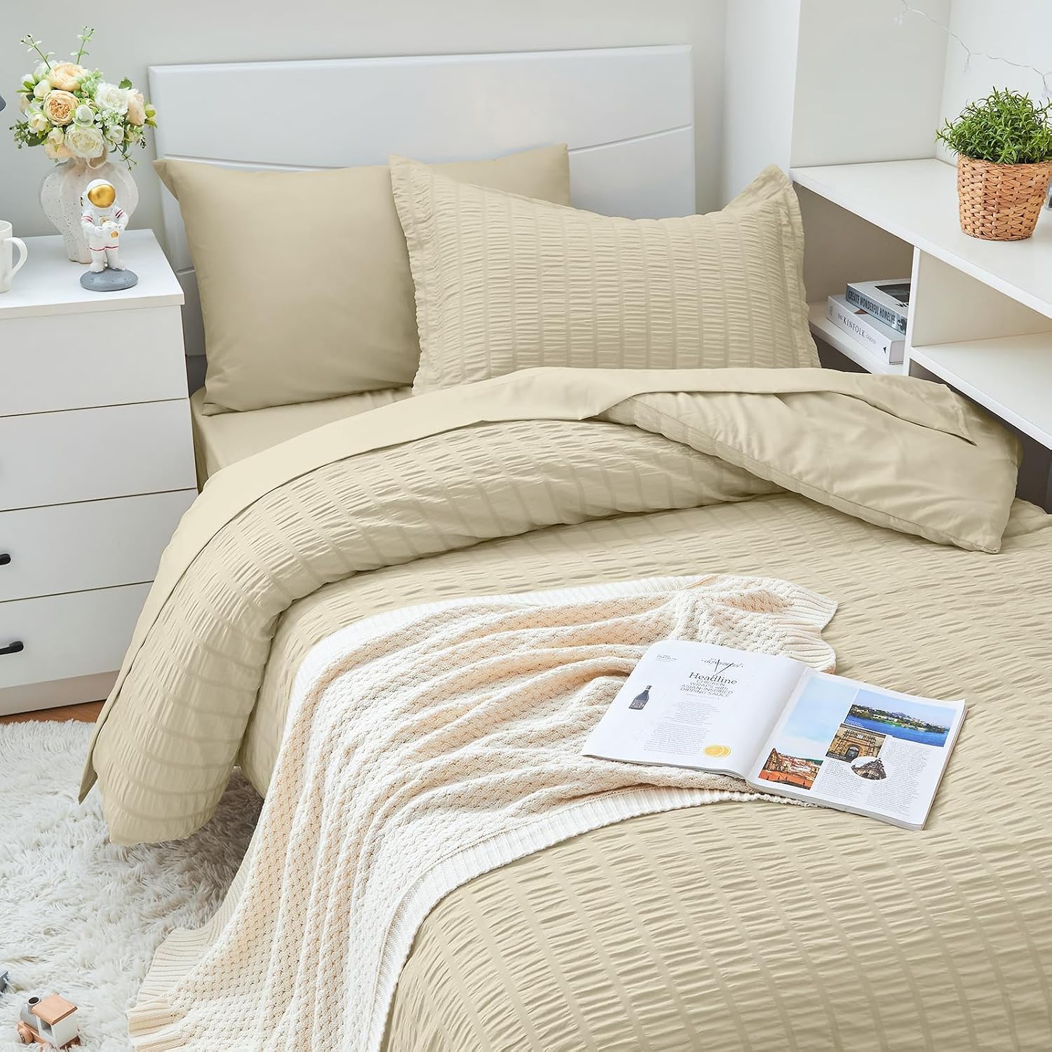  Oatmeal Twin XL Comforter Set Seersucker 5 Pieces, All Season Luxury Bed in a Bag for Bedroom, Bedding Set with Comforter, Sheets, Pillowcase & Sham thumbnail