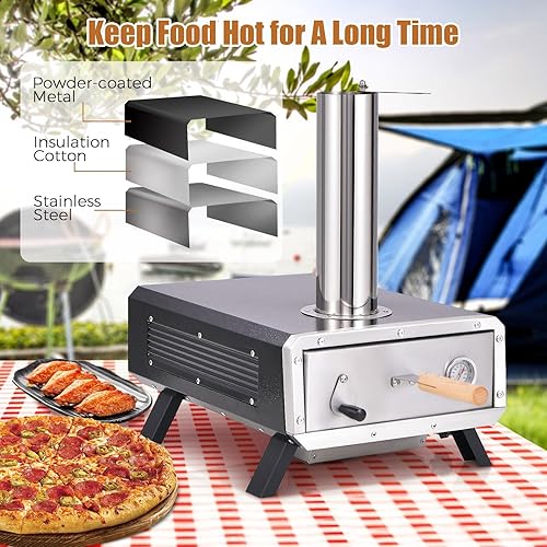 Miniatura 3 de HAPPYGRILL Horno de pizza al aire libre con piedra giratoria para pizza, máquina de pizza de leña con cáscara de pizza, termómetro y cubierta de