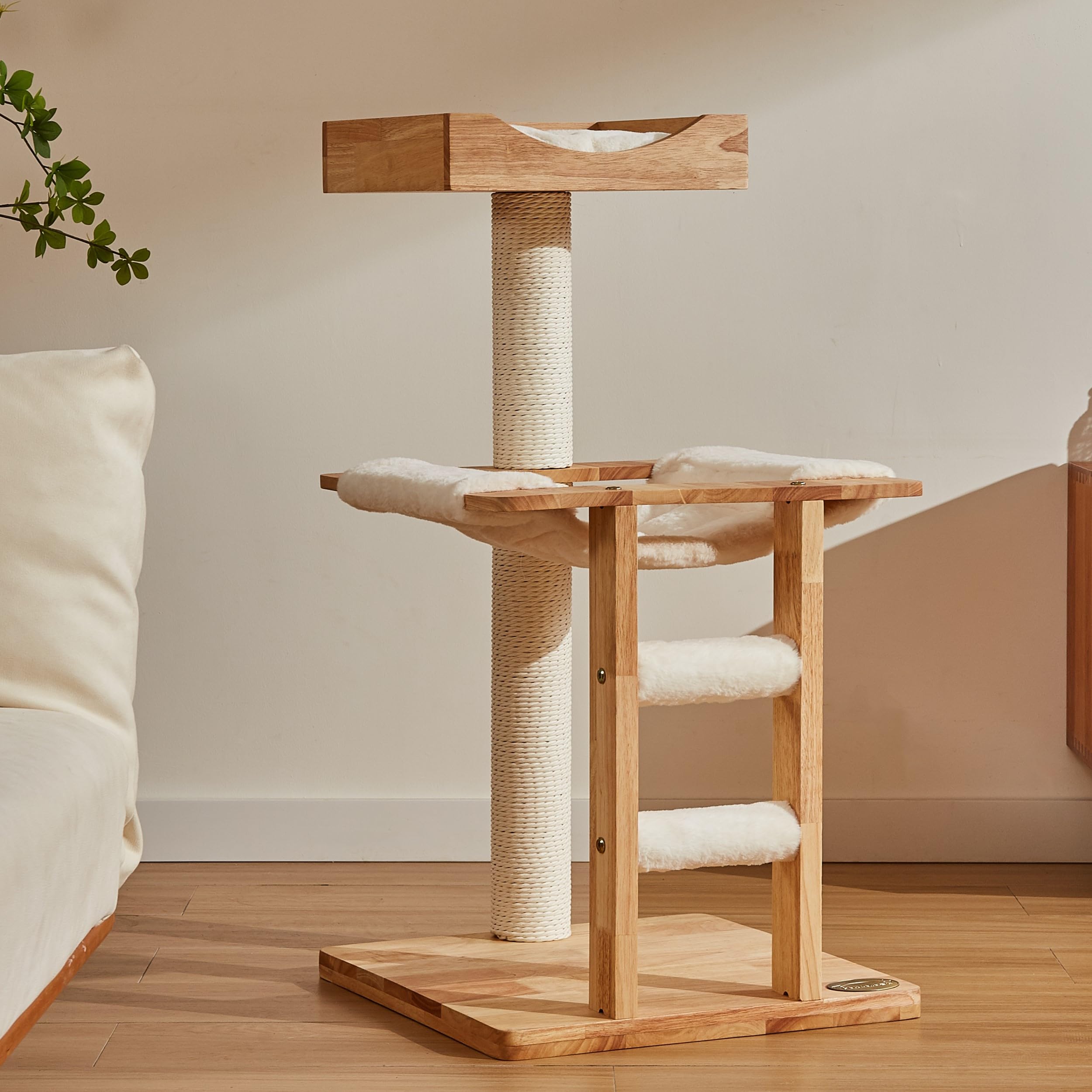 SOPAPETS High-End Large Cat Tree Tower, Premium Rubber Wood Made, Scratching Posts, Removable Soft Cushion Bed, Hammock, Mini Ladder, Super Stable (48x48x90cm)