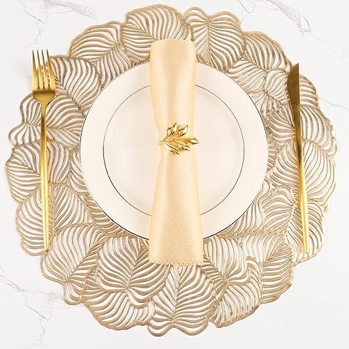 Juego de 6 manteles individuales dorados redondos de vinilo prensado metálico, duraderos, huecos, para cocina y comedor, decoración de mesa de