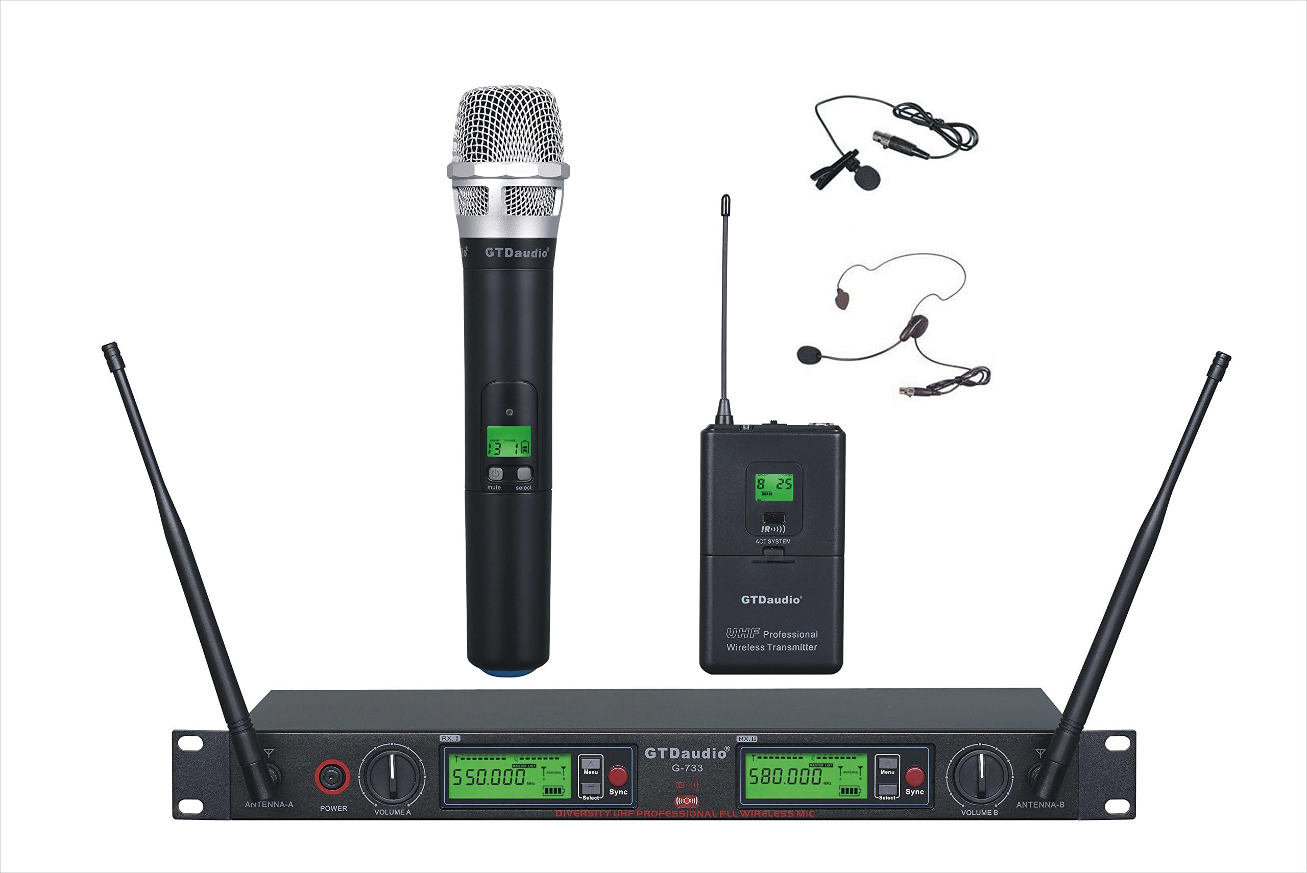 2x800 Channel UHF Diversity Wireless Hand-held/Lavalier/Headset Microphone Mic System (1 Hand held & 1 Lavalier Mic)