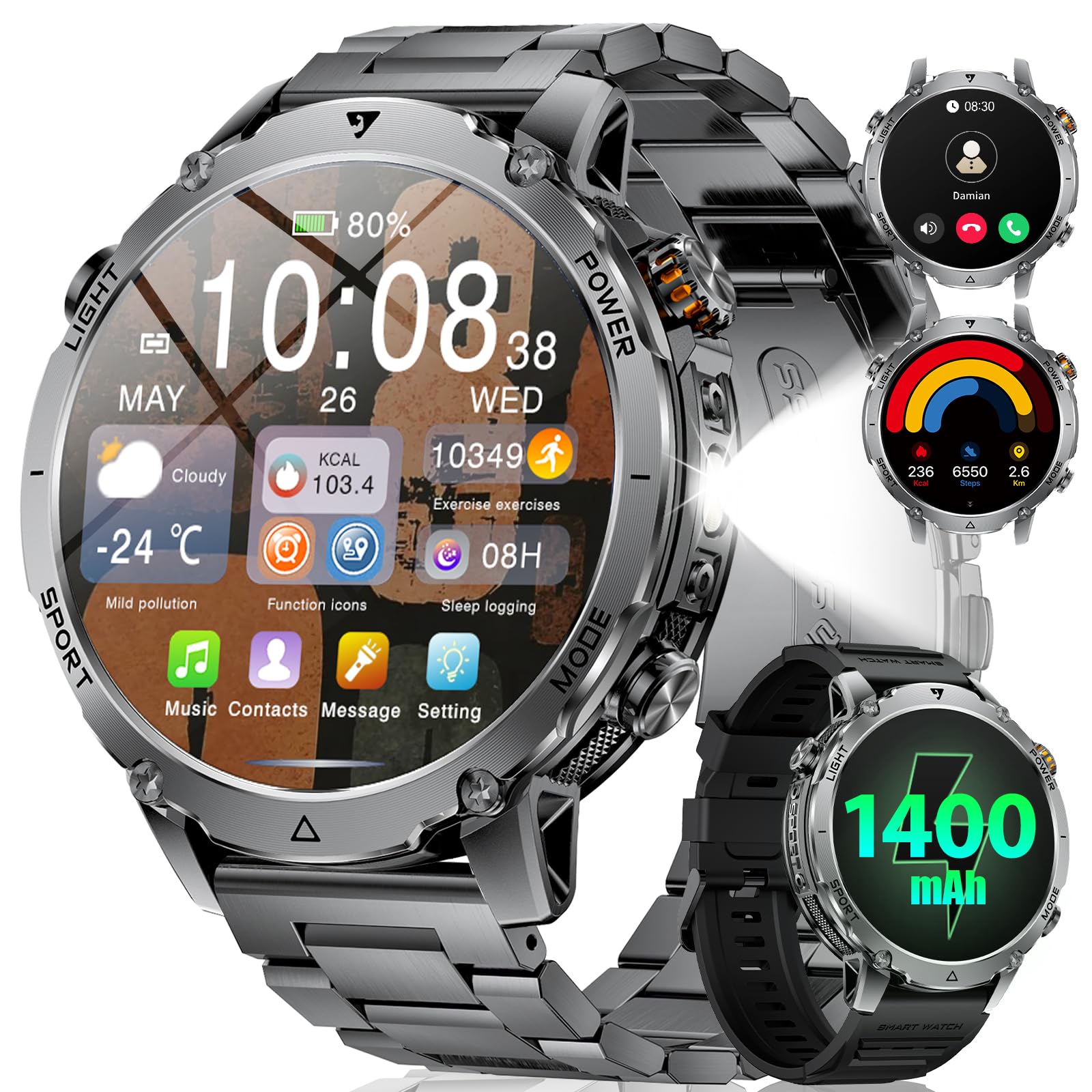 LIGE Militär Smartwatch Herren, 1400mAh Akku, 1,7 Zoll HD Große Smart Watch mit LED Taschenlampe, Bluetooth Anruf, 110+ Sportmodi, IP68 Wasserdicht, Fitnessuhr für Android iOS, 2 Armbändern, Schwarz