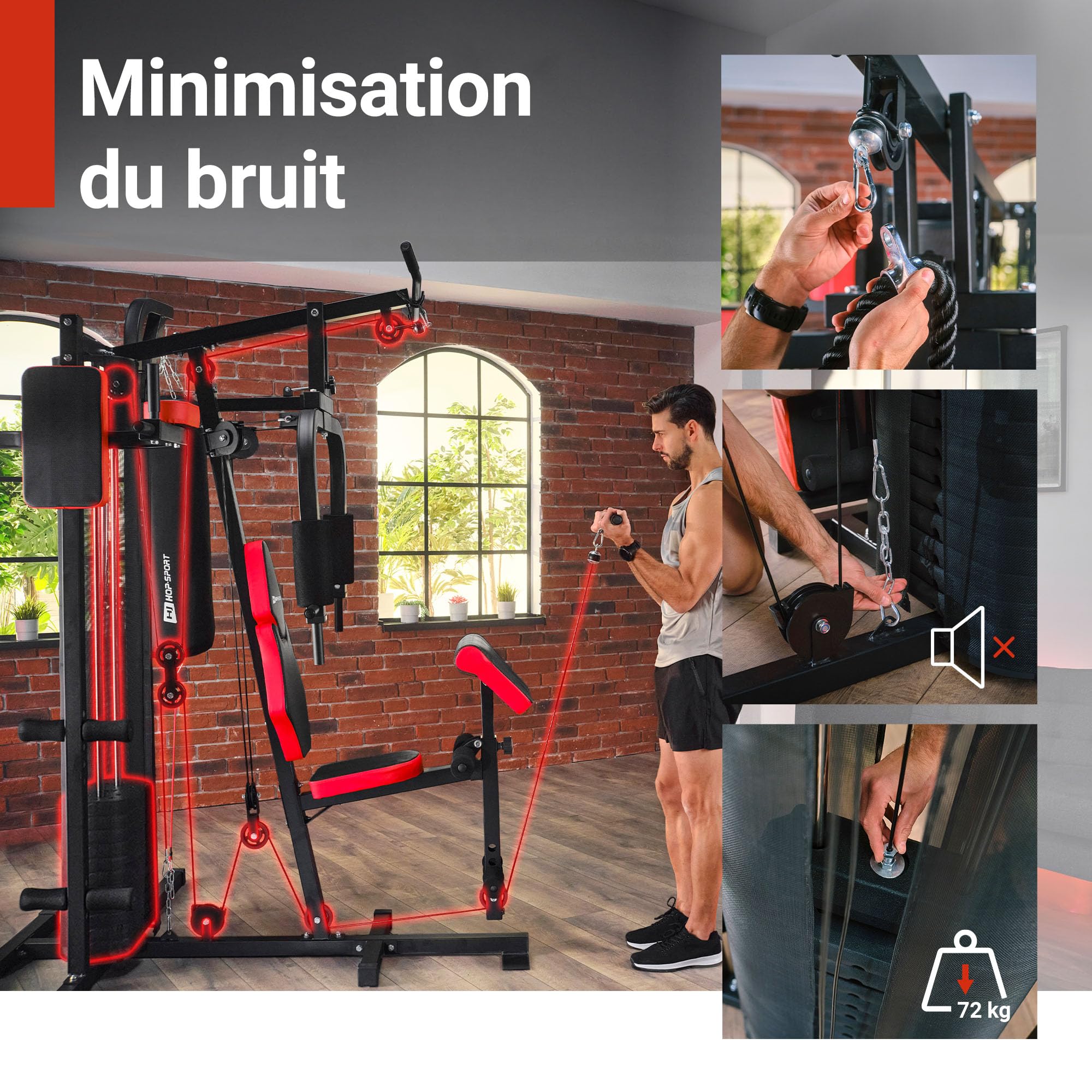 HOP-Sport® Station de Musculation Multifonction HS-1054K, Appareil avec 3 Positions 72kg, Banc d'entraînement, Sac et Gants de Boxe, Module Papillon, Barre de Traction, Poulie Haute, Haltères 2x1,5kg