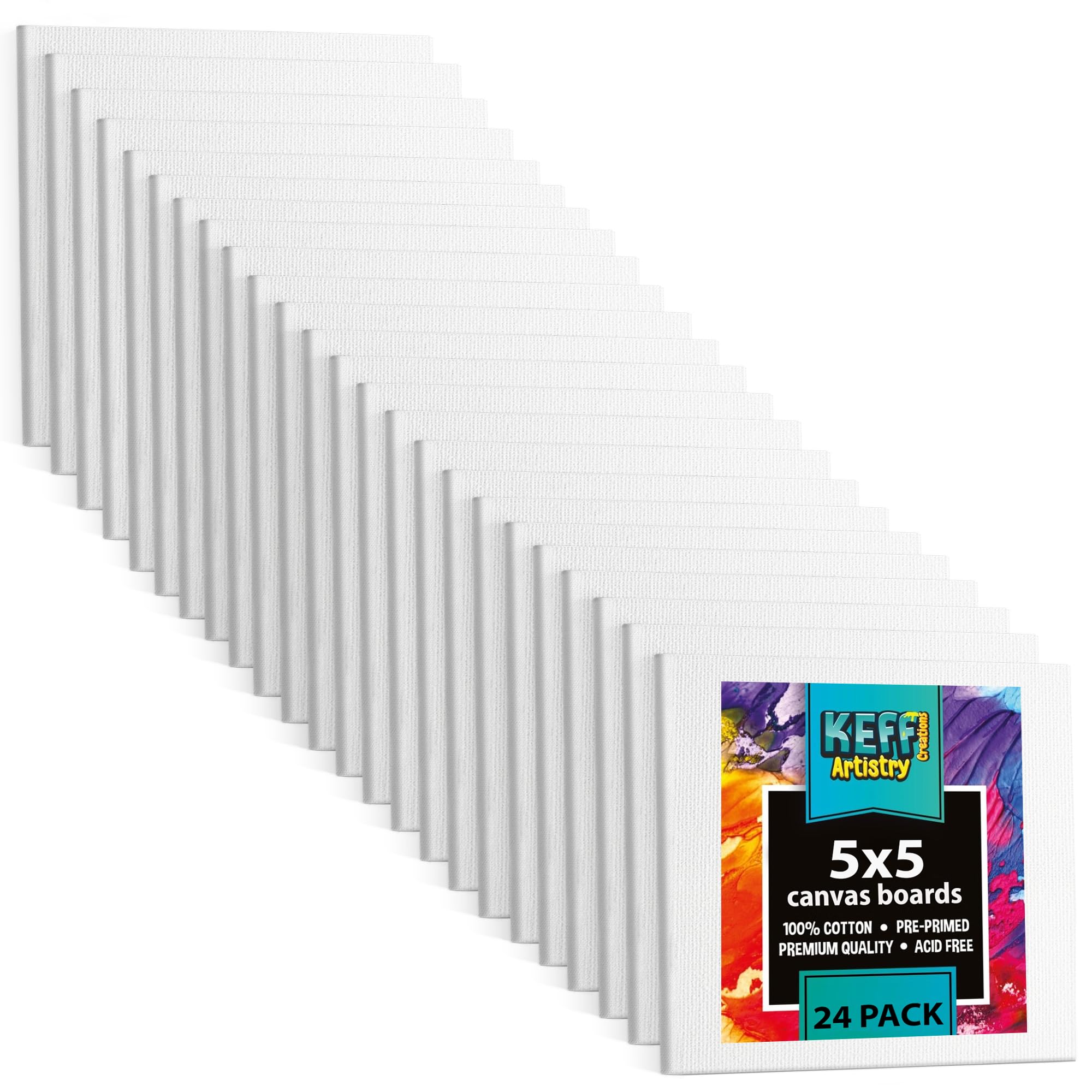 KEFF 24-Pack Canvas for Painting, 6 of 5x7, 8x10, 9x12,11x14 Painting Canvas Boards, Art Supplies for Adults & Kids - 100% Cotton Primed Canvases for Painting for Acrylic, Oil, Watercolor, Tempera: 5x5 24