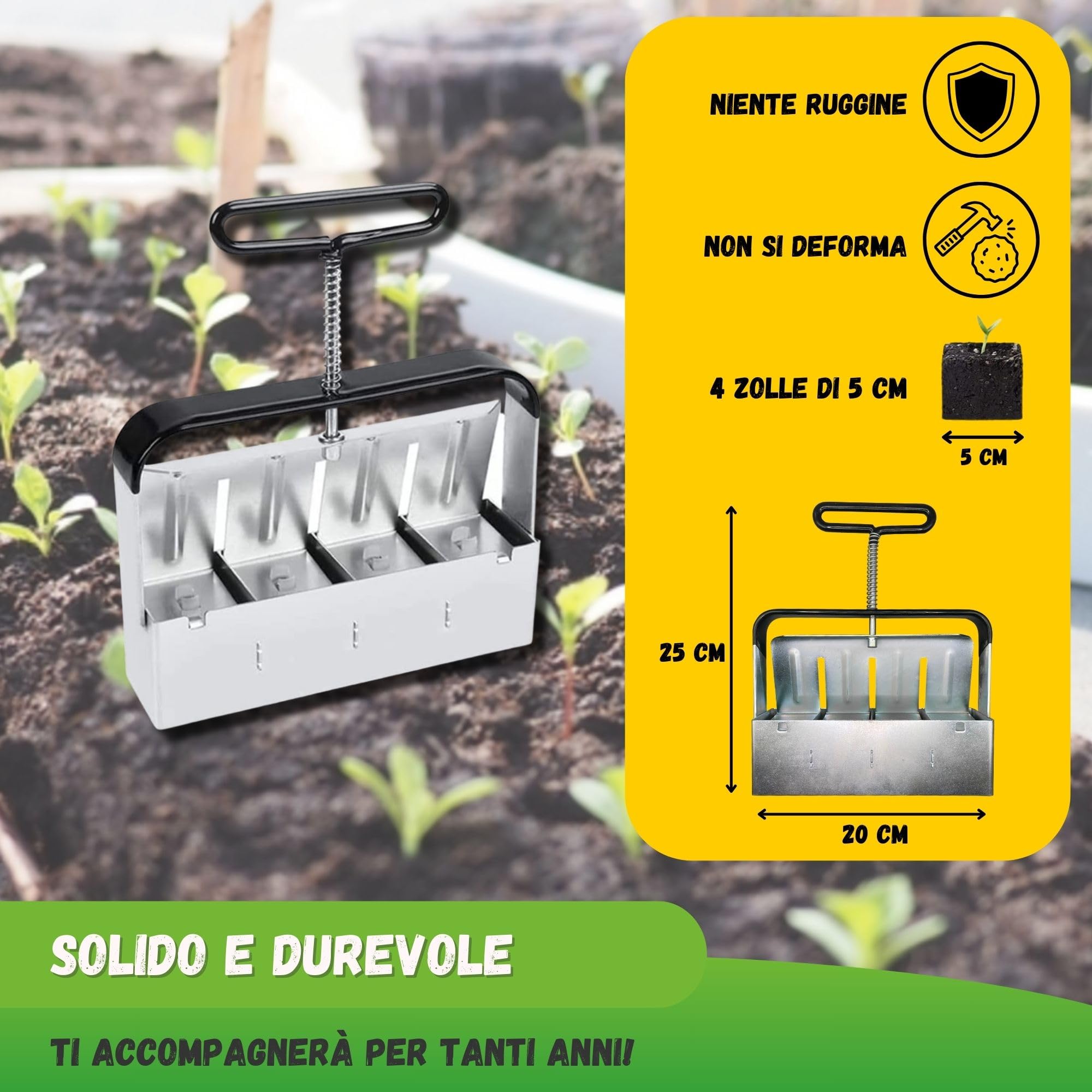 Jarden® Pressa Professionale per Terreno - Zolle quadrate da 4 x 5 cm - Attrezzo da Giardinaggio in Acciaio Inox per piantare Semi, piantine e talee