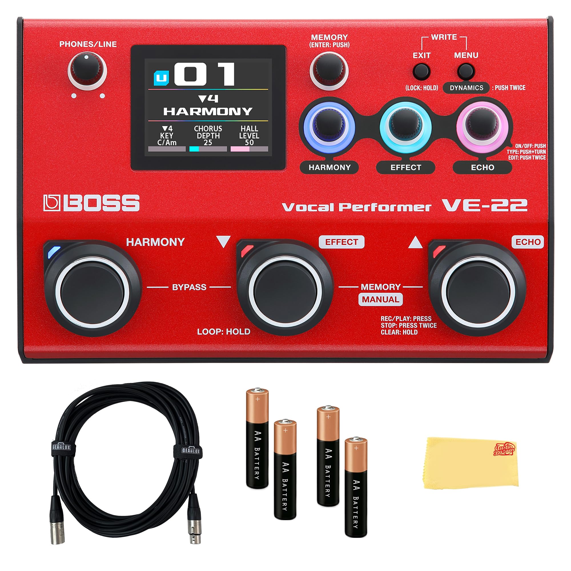 Boss VE-22 Vocal Performer Bundle with 10ft XLR Cable, 4 AA Batteries, and Austin Bazaar Polishing Cloth