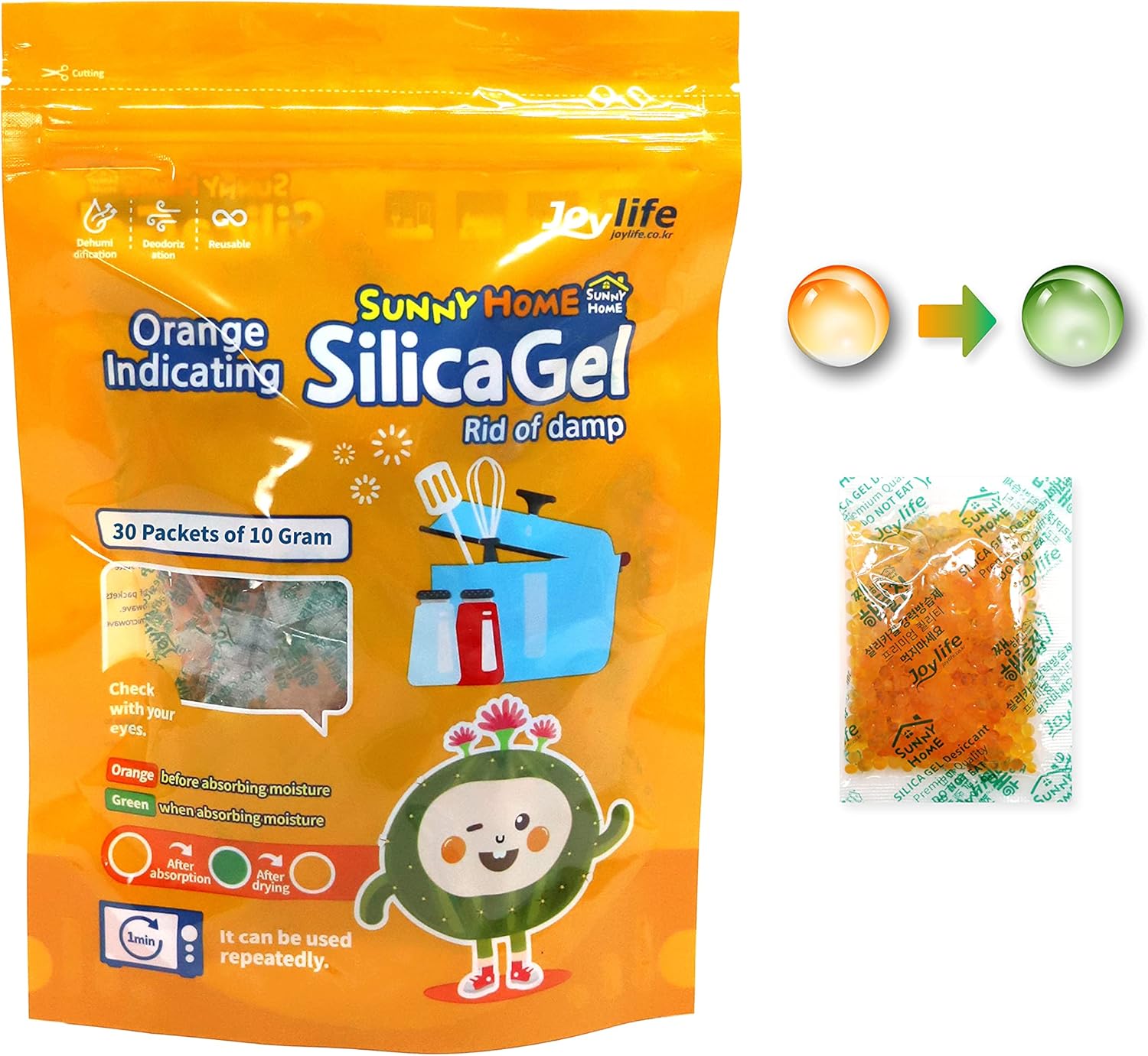 Sunny Home 10 Gram (30 Packs) Safe Orange Indicating (Orange to Dark Green) - Orange Only/No Mixed/Rechargeable Silica Gel Packets Dehumidifier/Desiccant Packets/Moisture Absorber