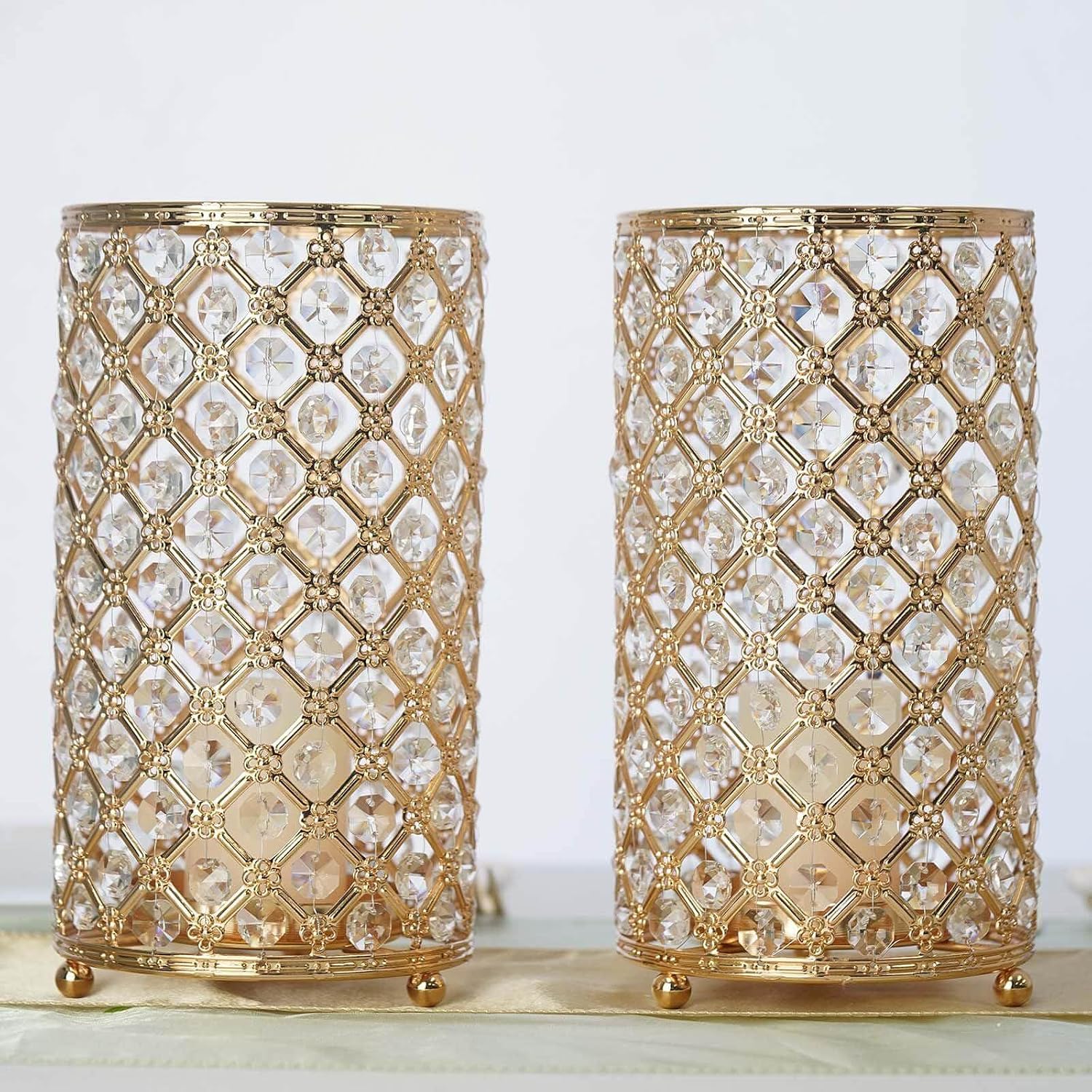 Efavormart 2 Pack | 9” Gold Metal Crystal Beaded Pillar Votive Candle Holder Set, Multipurpose Crystal Stem Vase