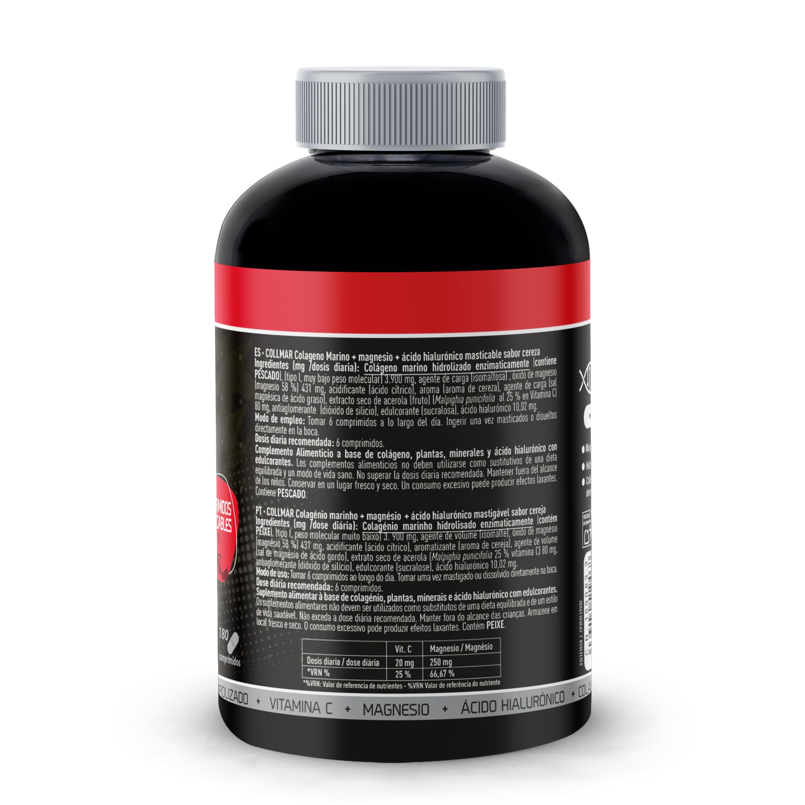 DRASANVI COLLMAR COMPRIMIDOS MASTICABLES - COLÁGENO Marino Hidrolizado + Magnesio + Ácido hialurónico - Sabor CEREZA - 180 comprimidos