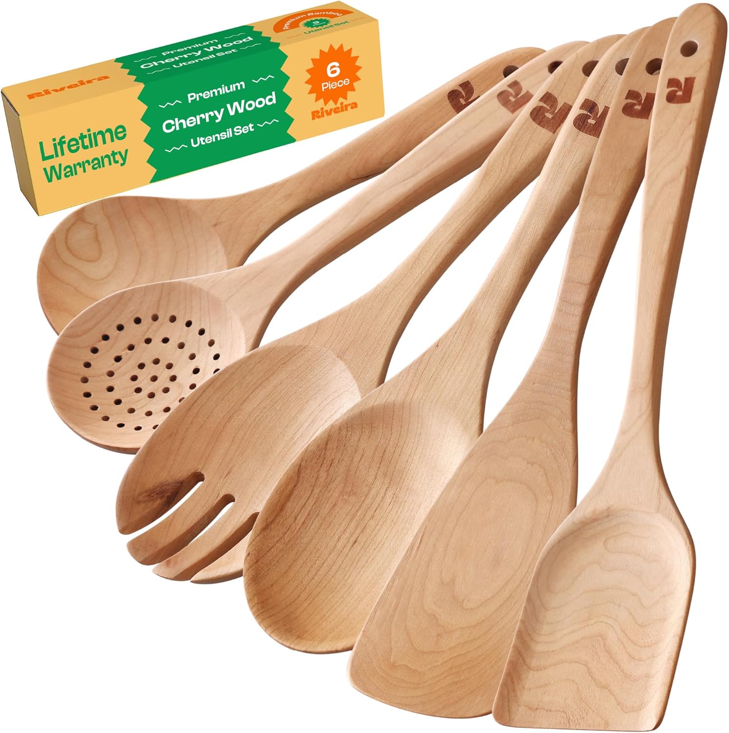 Riveira Cherry Wooden Spoons for Cooking Set of 6  Natural Cherry Wood Cooking Utensils, Wooden Spatula, Wooden Spoon - Premium Quality Wooden Utensil Set for Non-Toxic Cooking