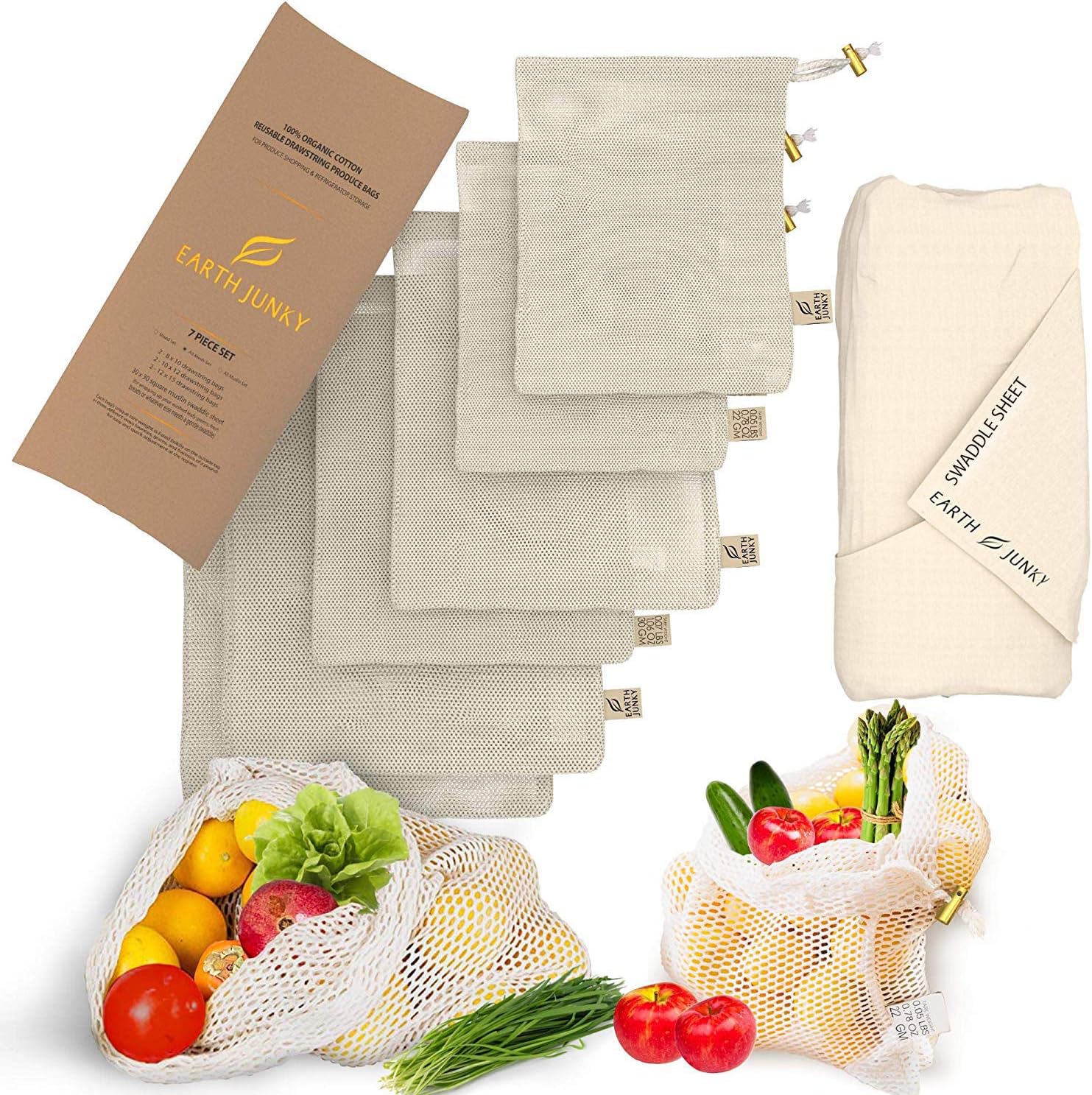 Organic Reusable Mesh Produce Bags - Washable Mesh Vegetable Bags for Fruit and Veg - 6 Food Grocery Bags and 1 Bonus Greens Swaddle Sheet - Eco Friendly Drawstring Bag Set - S, M, L