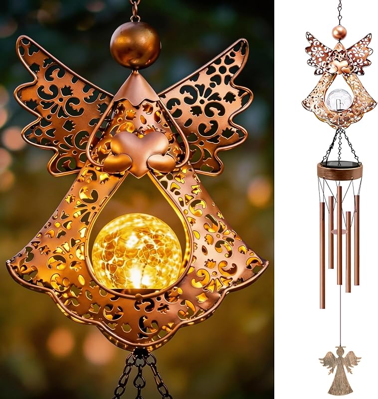 41" Large Angel Solar Wind Chimes for Outside, Metal Garden Decor