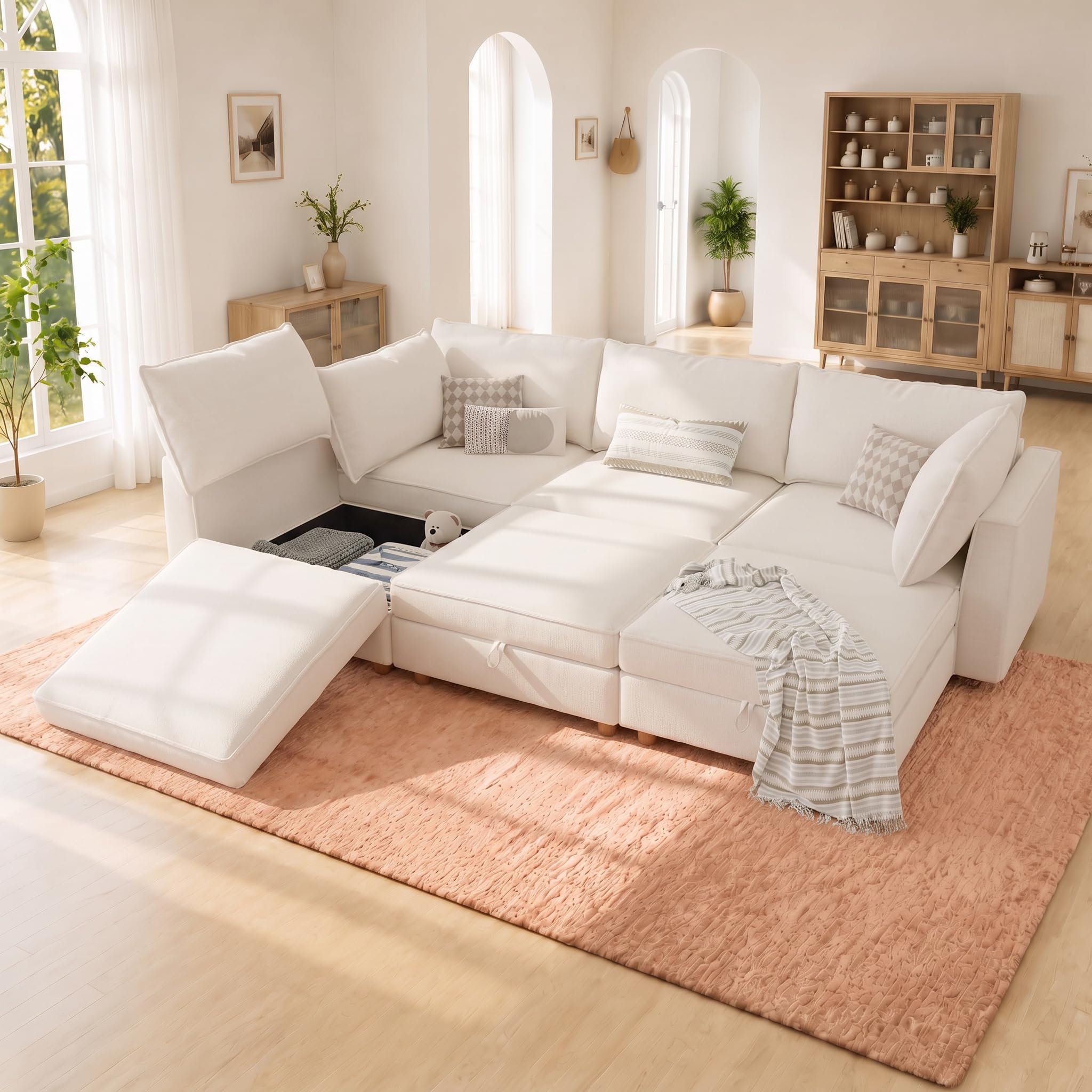 99" Chenille Modular Sofa Bed with Washable Covers &amp; Storage, 6-Seater Modular Sectional Sleeper Sofa Bed with Movable Ottoman Chaise, Convertible Sleeper Sectional Couches for Living Room, Beige