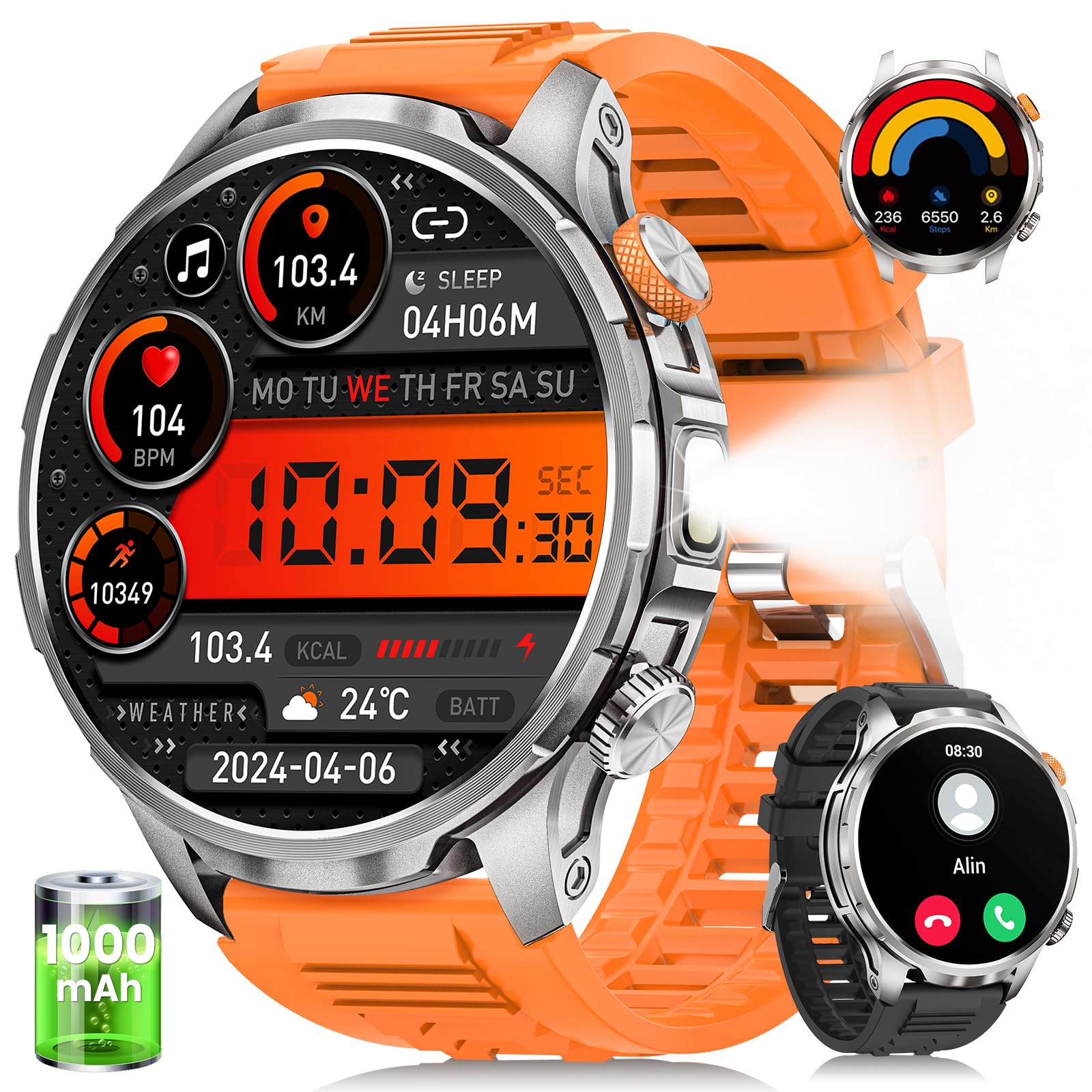 Montre Connectée Homme 1000mAh/5ATM Étanche/LED Lampe, 1.91" AMOLED Militaire Smartwatch Homme avec Appel Bluetooth, 113 Modes Sportifs, 24H Sommeil/Fréquence Cardiaque/Podomètre Android iOS Argenté