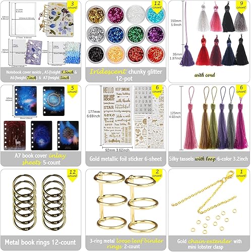 Miniatura 5 de Funshowcase Juego de 87 fundas para cuadernos, fundas de tarjetas, moldes de resina de silicona, juego de 87 piezas con anillos de libros, borlas y