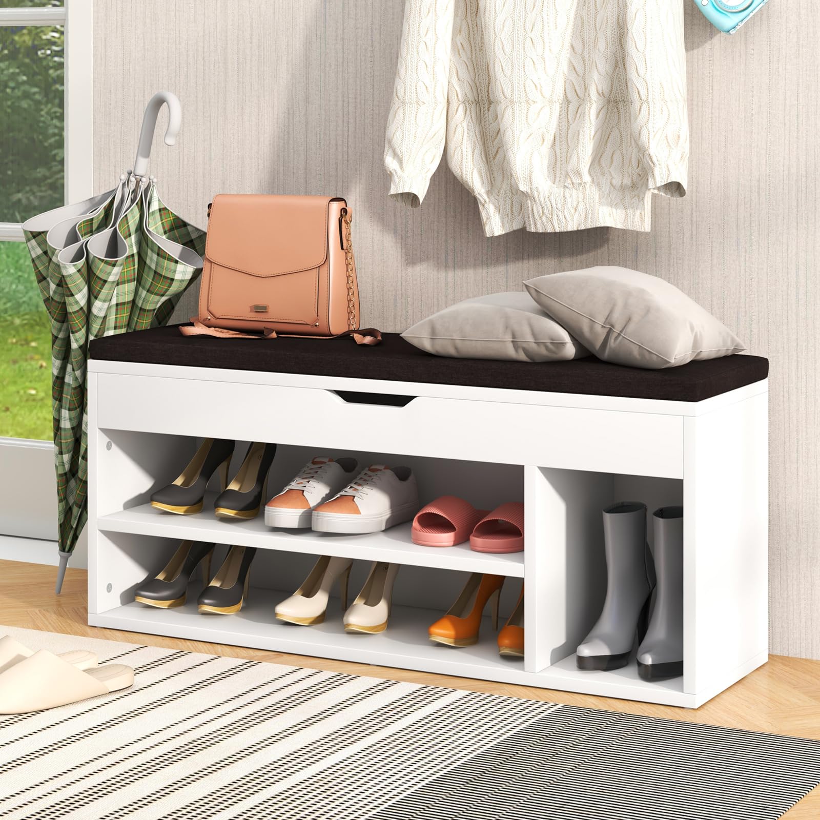 RELAX4LIFE Schuhbank, Schuhablage mit 3 Ablage & Stauraum, Schuhtruhe mit Sitzfläche, Schuhregal für niedrige & hohe Schuhe, Sitzbank für Wohnzimmer & Flur & Schlafzimmer, 104 x 30 x 48 cm (Weiß)