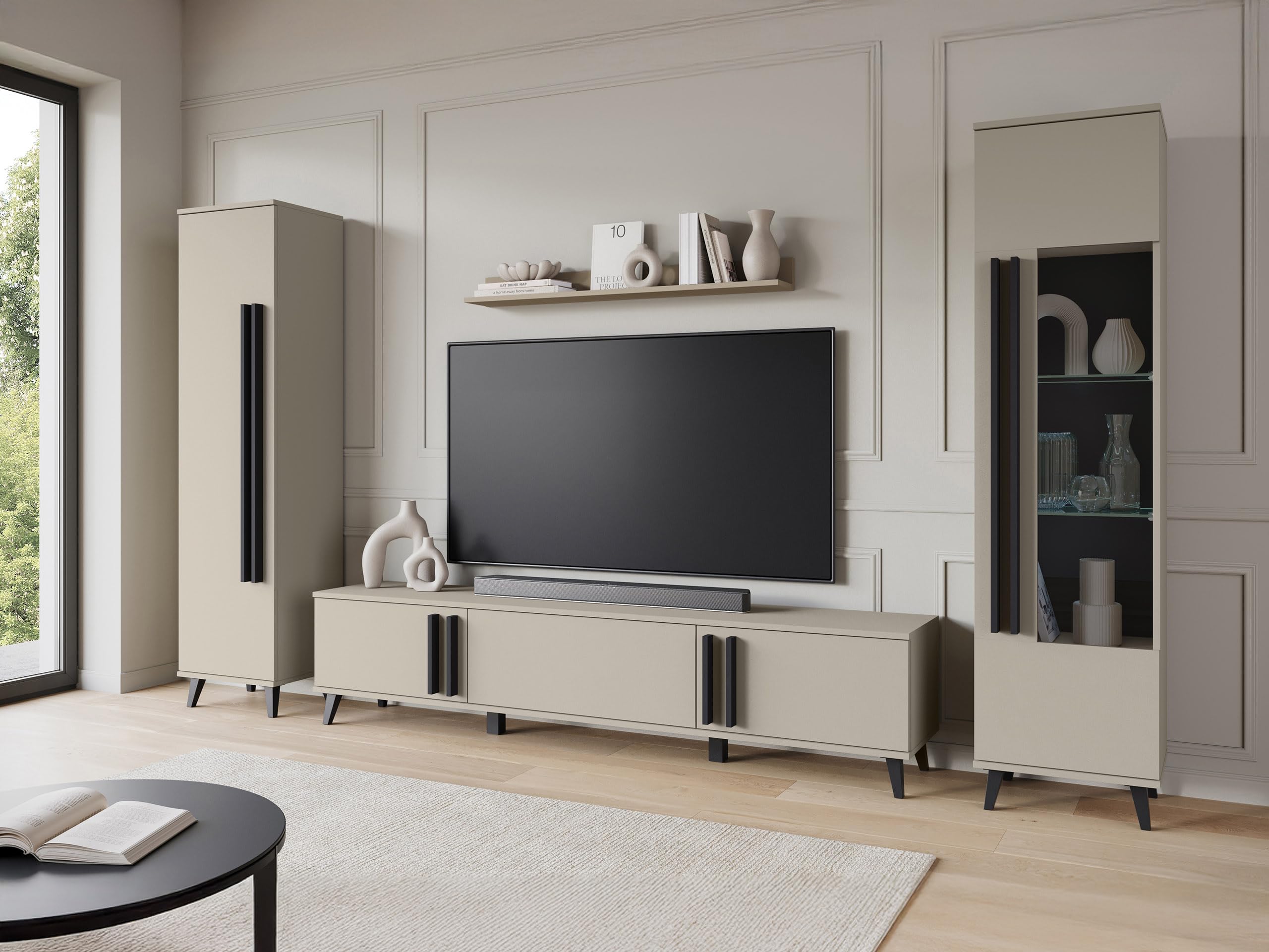 Mirjan24 Wohnzimmer-Set Hailea II, Wohnzimmerschrank, Schrankwand, im Set: Regal, Vitrine, Wandregal, TV-Lowboard (Congo/Schwarzer Graphit, ohne Beleuchtung)