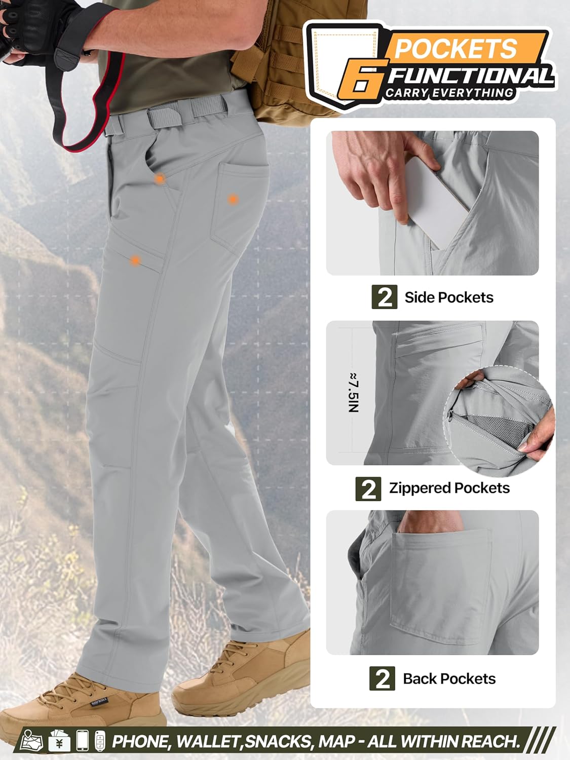 FREE SOLDIER Men's Outdoor Cargo Hiking Pants with Belt Lightweight Waterproof Quick Dry Tactical Pants Nylon Spandex