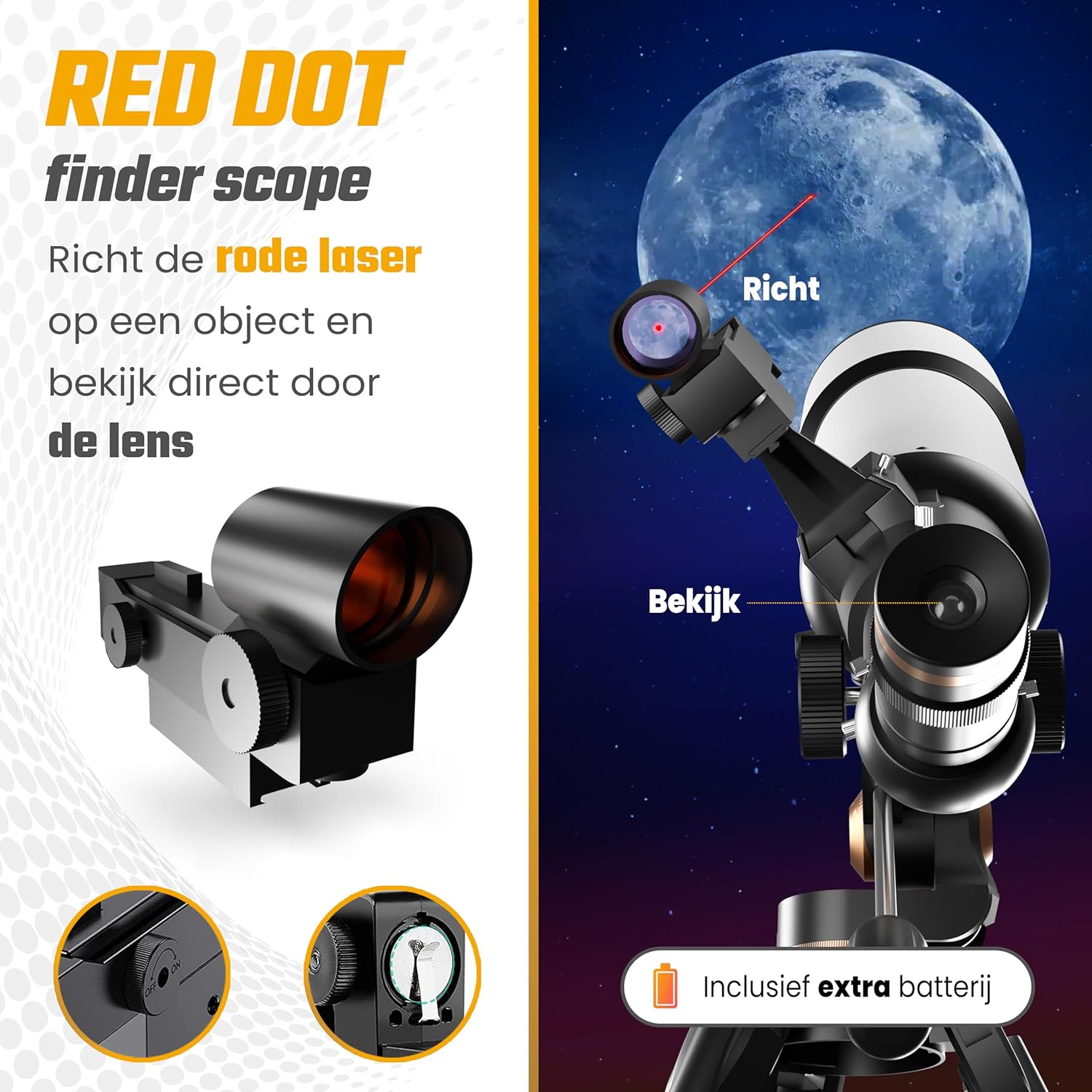 Image demonstrating the Red Dot Finderscope, showing how to aim the red laser at an object and then view through the main lens.