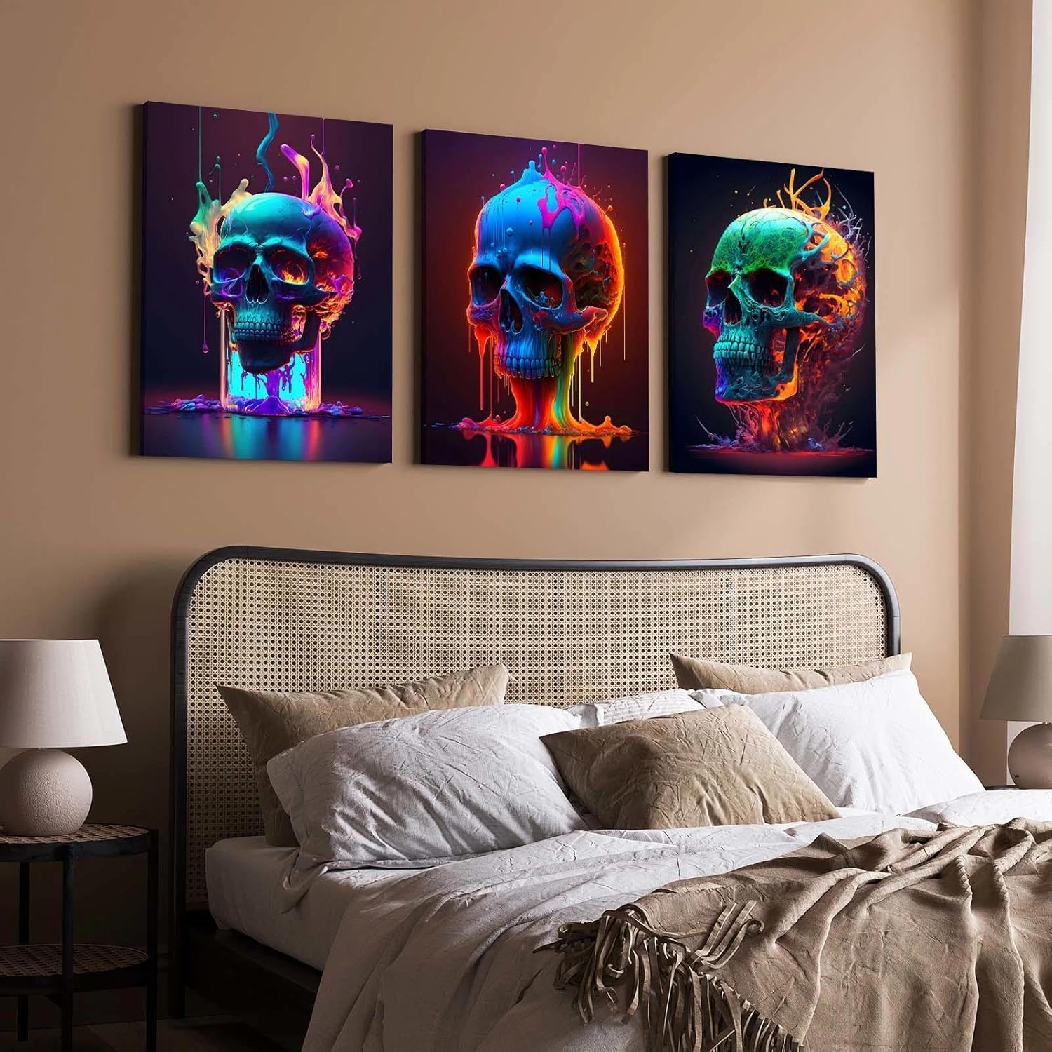 3 Piece Canvas Wall Art Set Framed Modern Abstract Colorful Skull Artwork for Living Room, Bedroom, Office, or Gaming Room Decor, Includes Hooks and Nails, 12x16 Inch