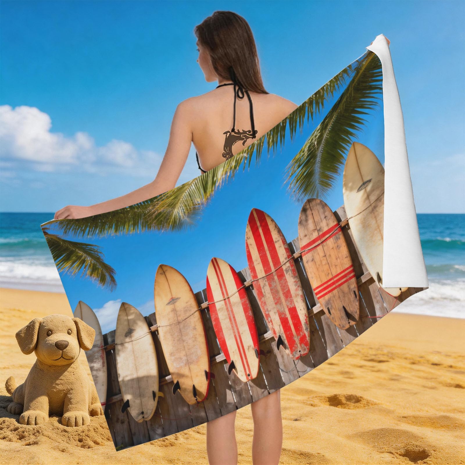 Leichong 3D Surfboard Beach Towel Microfiber Soft Quick Dry for Adults, Beach Themed Bath Towel Lightweight Soft Absorbent for Travel Swimming Pool Sports, 75 x 150 cm